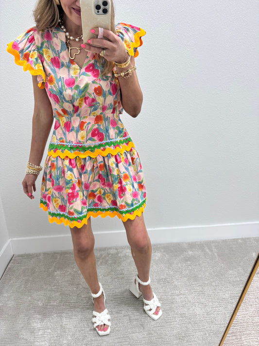 Tulip Print Dress with Ric Rac Detail & Open Back