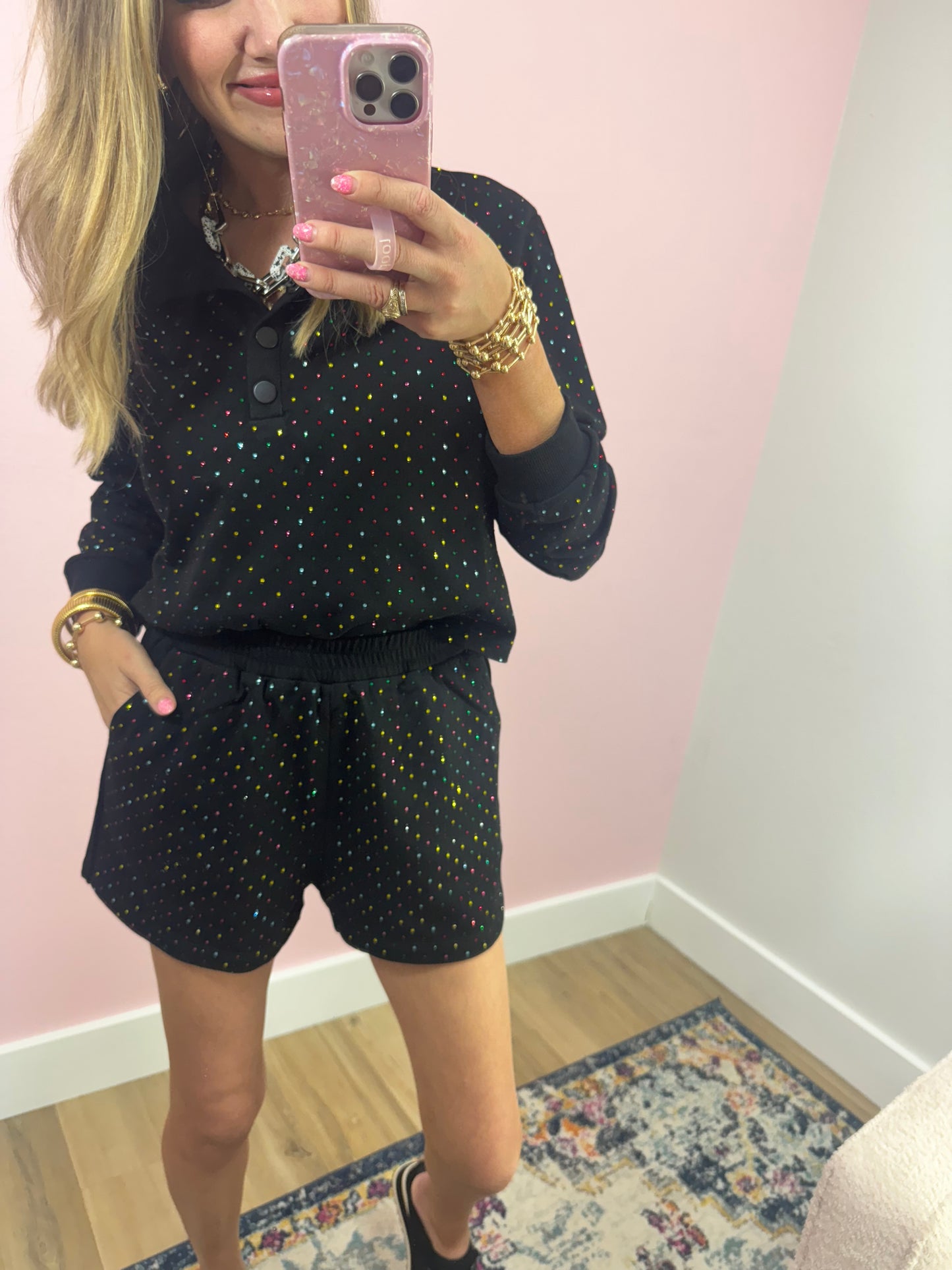 Black Two Piece Multi Colored Stone Short Set FS