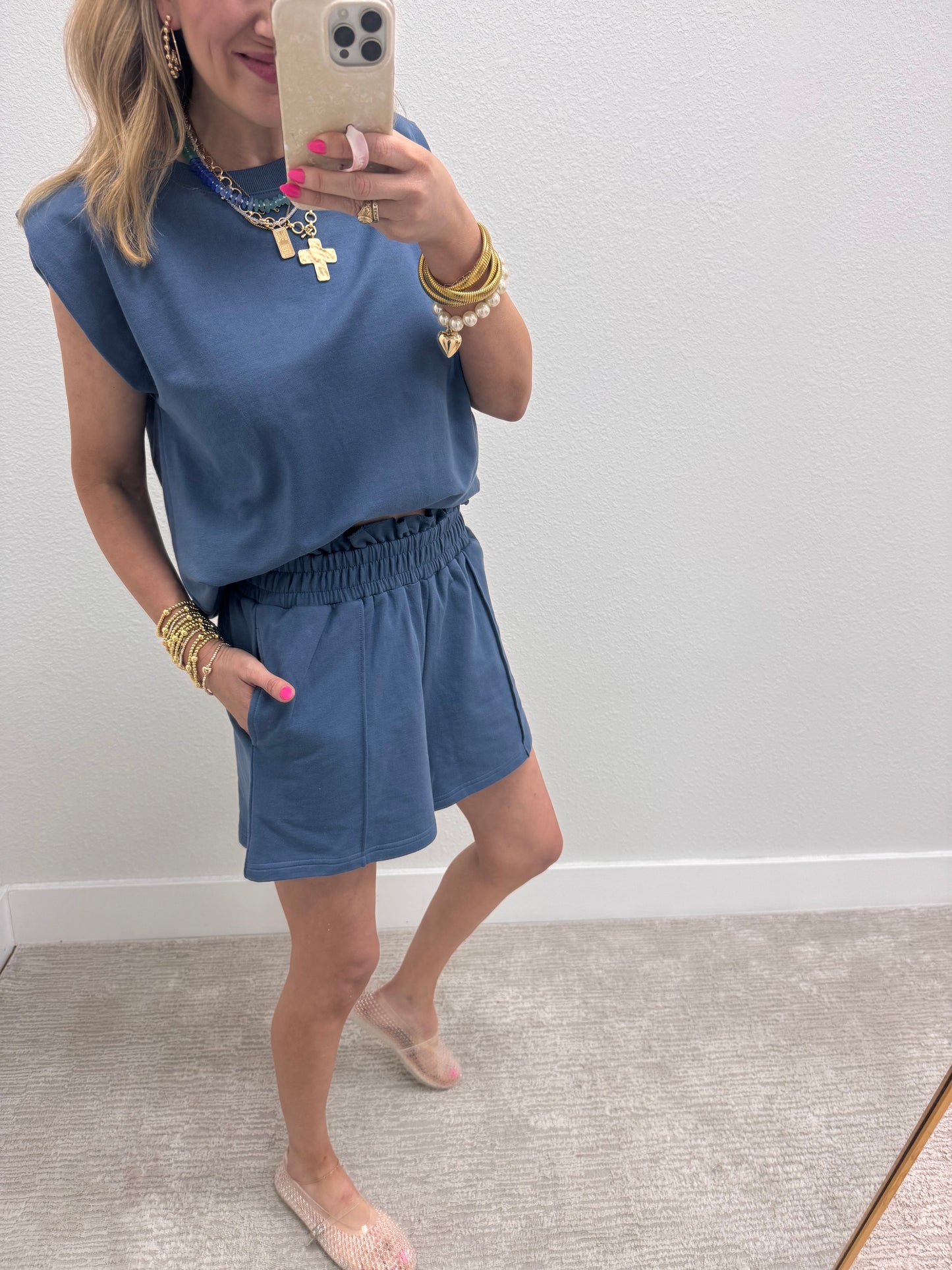 Dusty Blue French Terry Sleeveless Short Set
