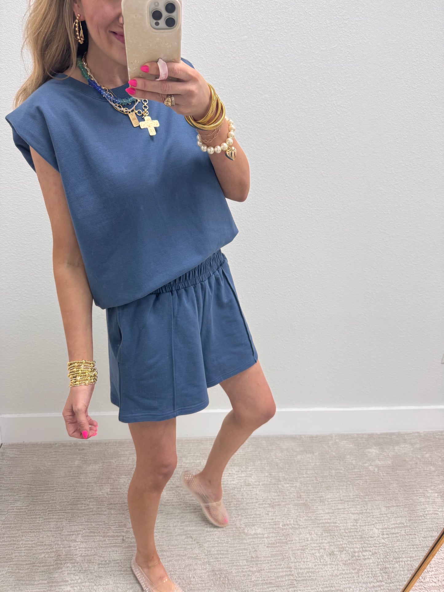 Dusty Blue French Terry Sleeveless Short Set