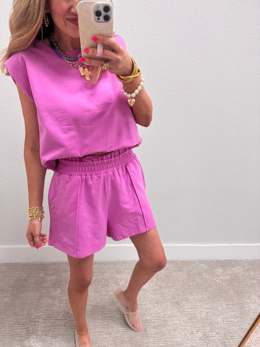 Bright Mauve French Terry Sleeveless Short Set
