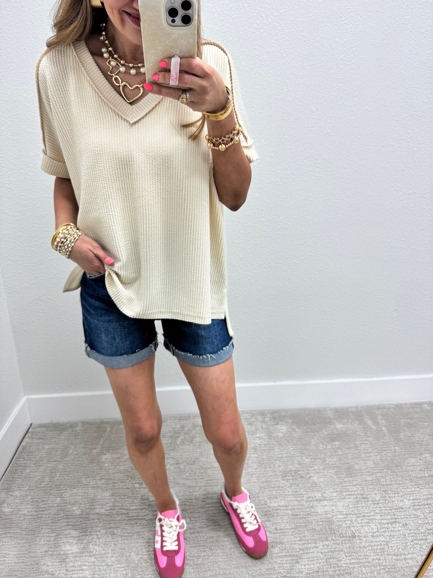 Cream Ribbed Hi-Low V Neck Shirt