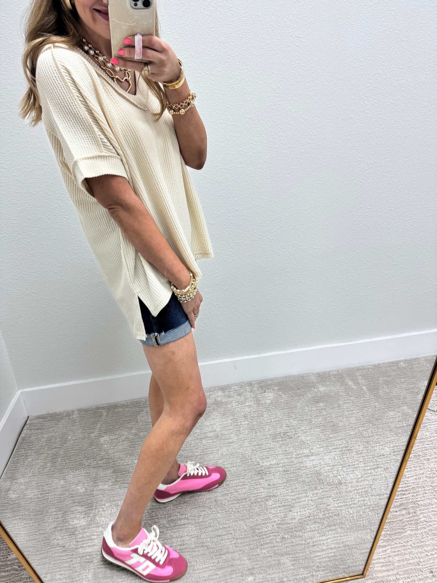 Cream Ribbed Hi-Low V Neck Shirt