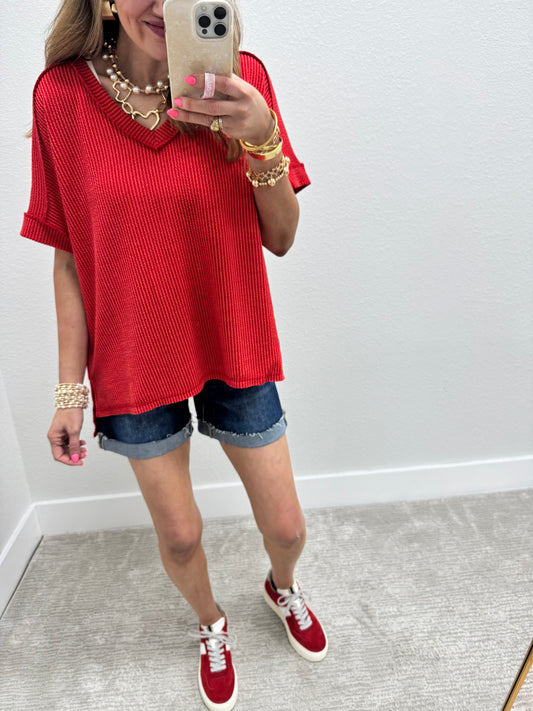 Tomato Ribbed Hi-Low V Neck Shirt