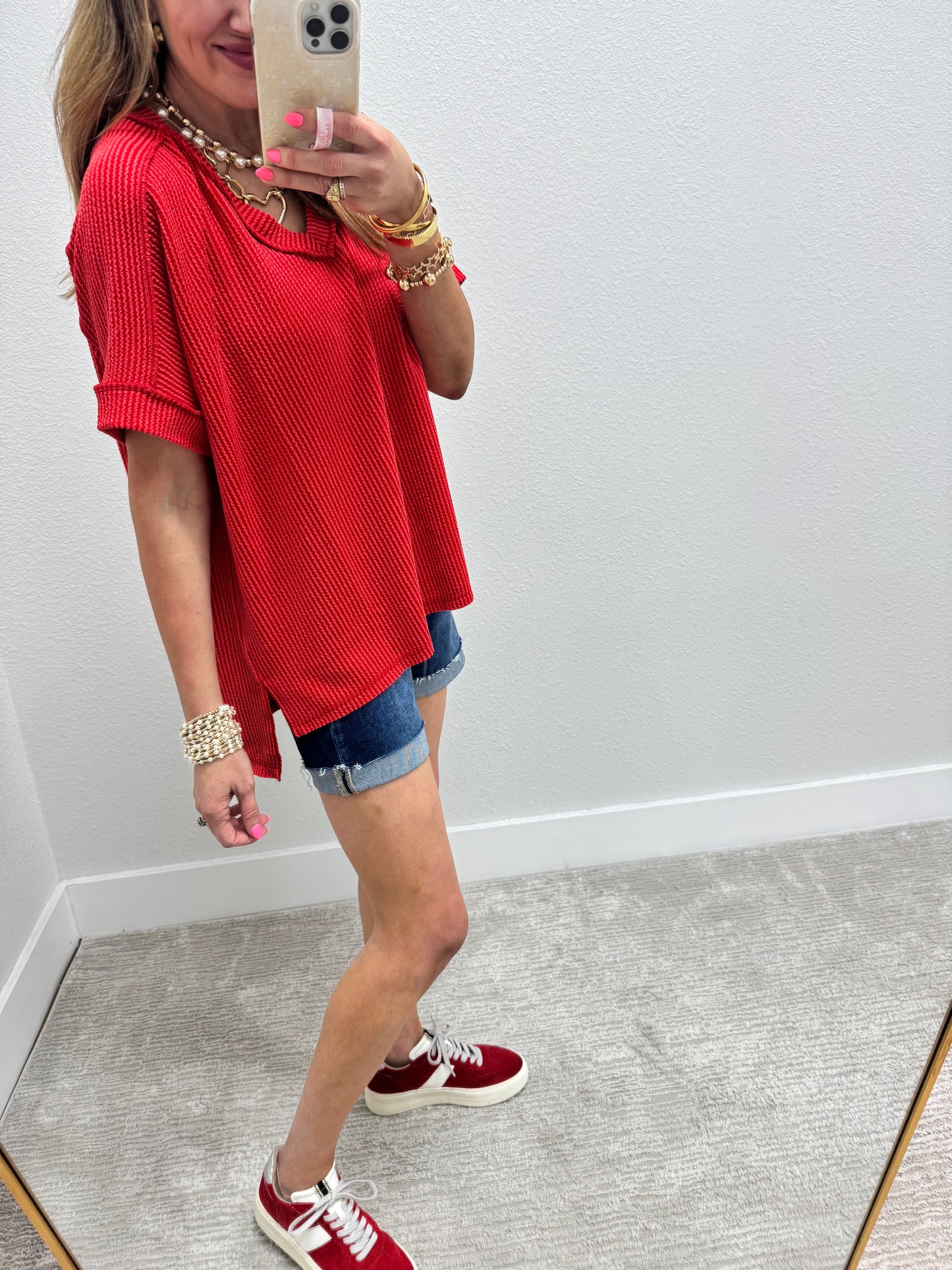 Tomato Ribbed Hi-Low V Neck Shirt