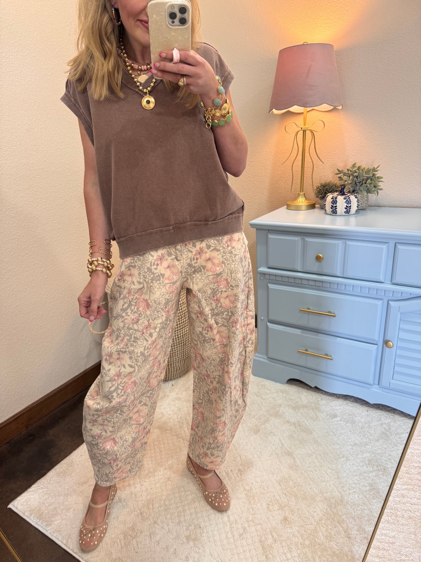 Khaki Floral Printed Barrel Jeans