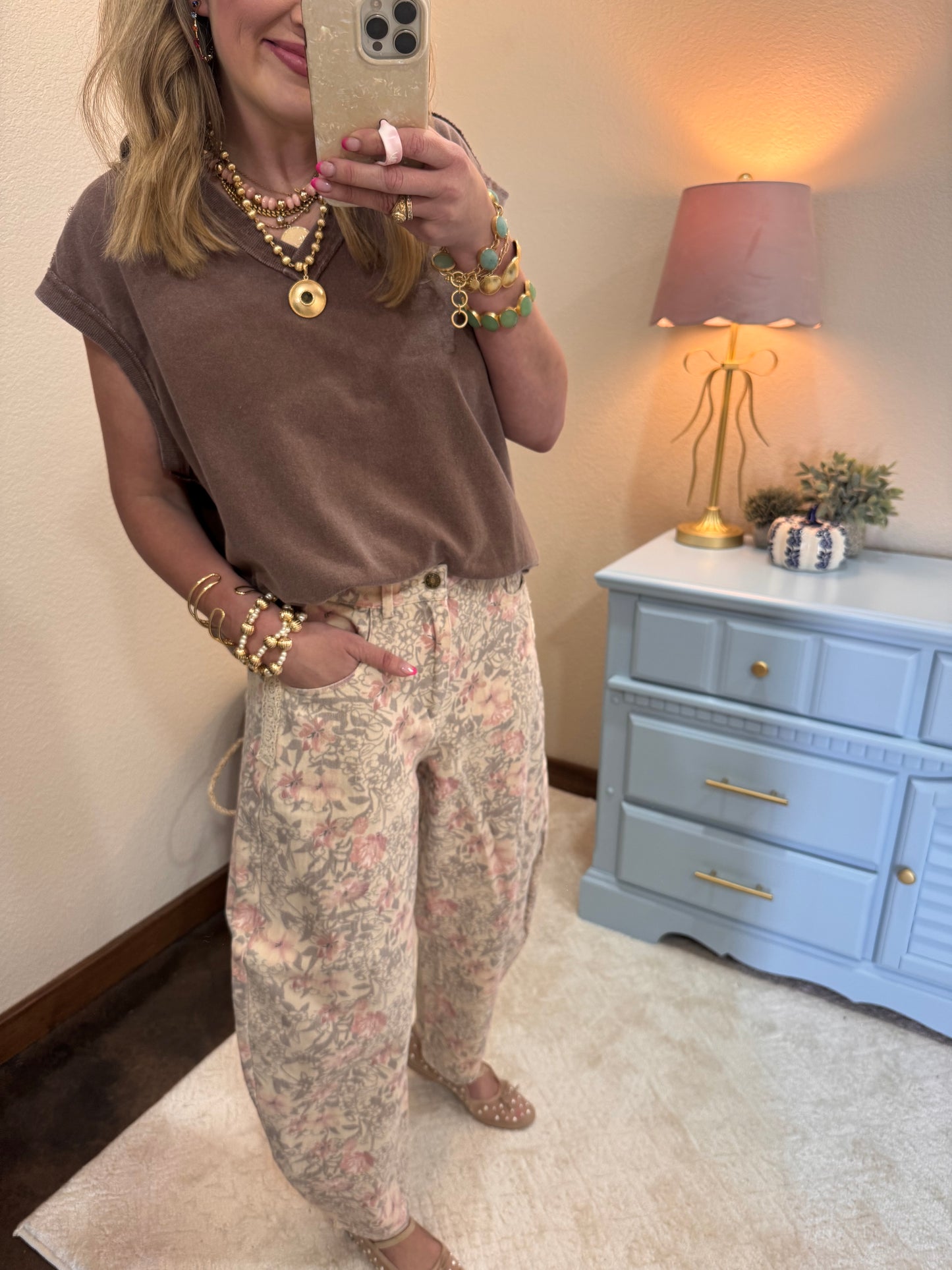 Khaki Floral Printed Barrel Jeans