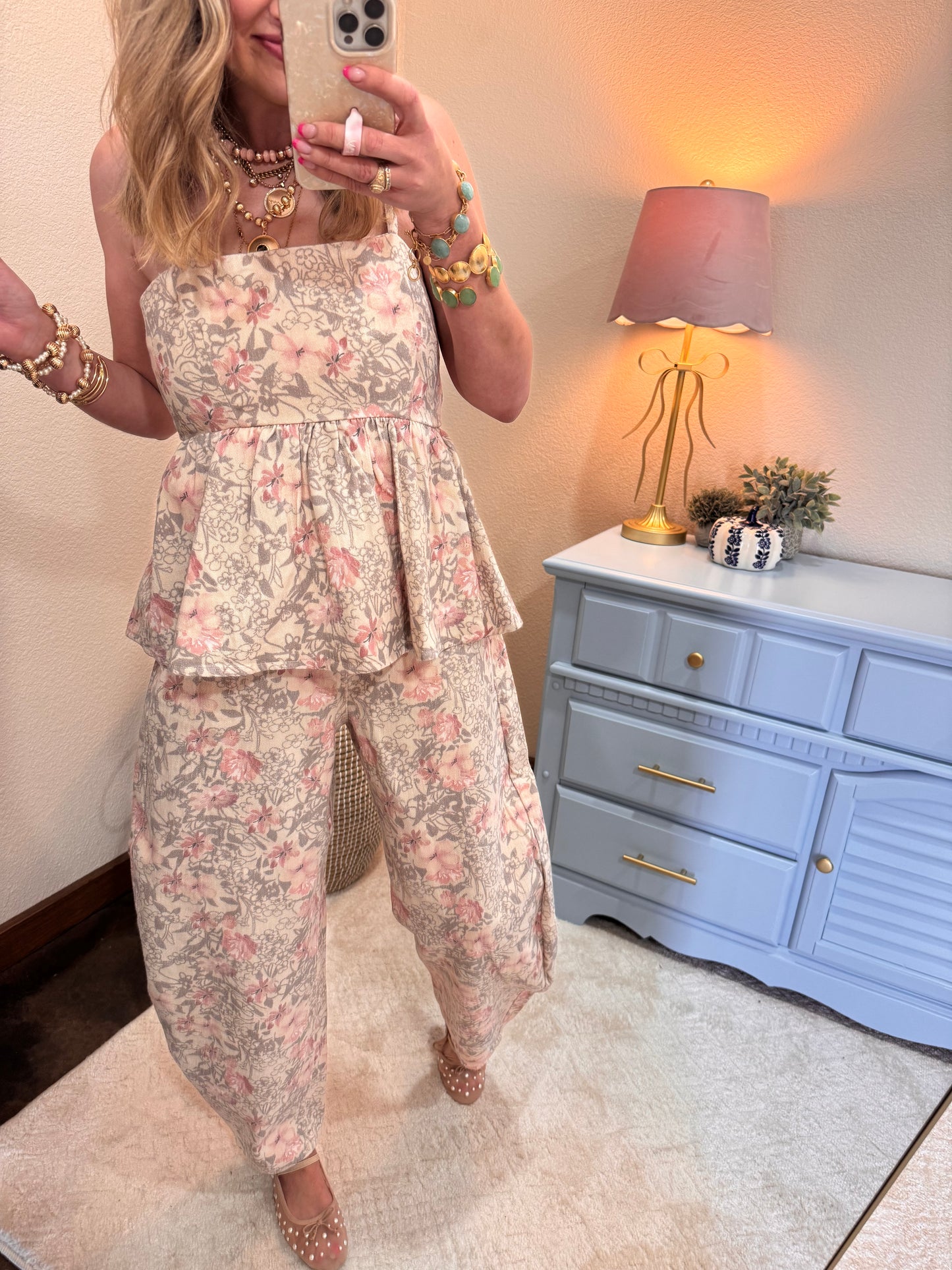 Khaki Floral Denim Jean Set