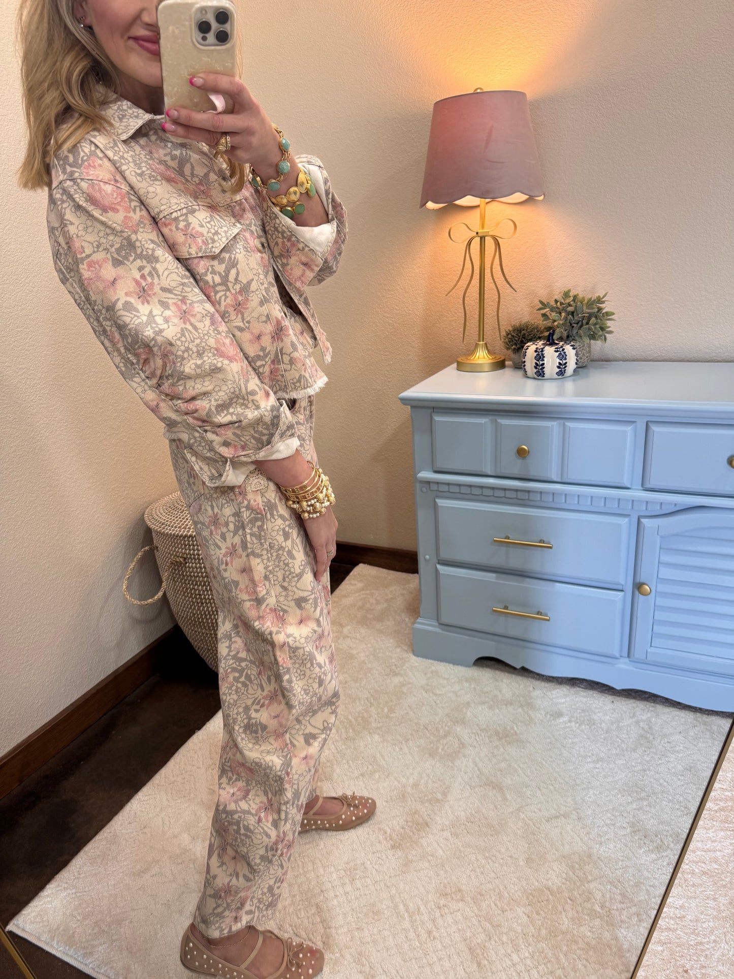 Khaki Floral Denim Jean Set