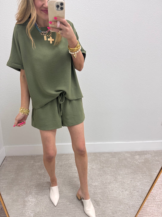 Olive Two Piece Poly Short Set