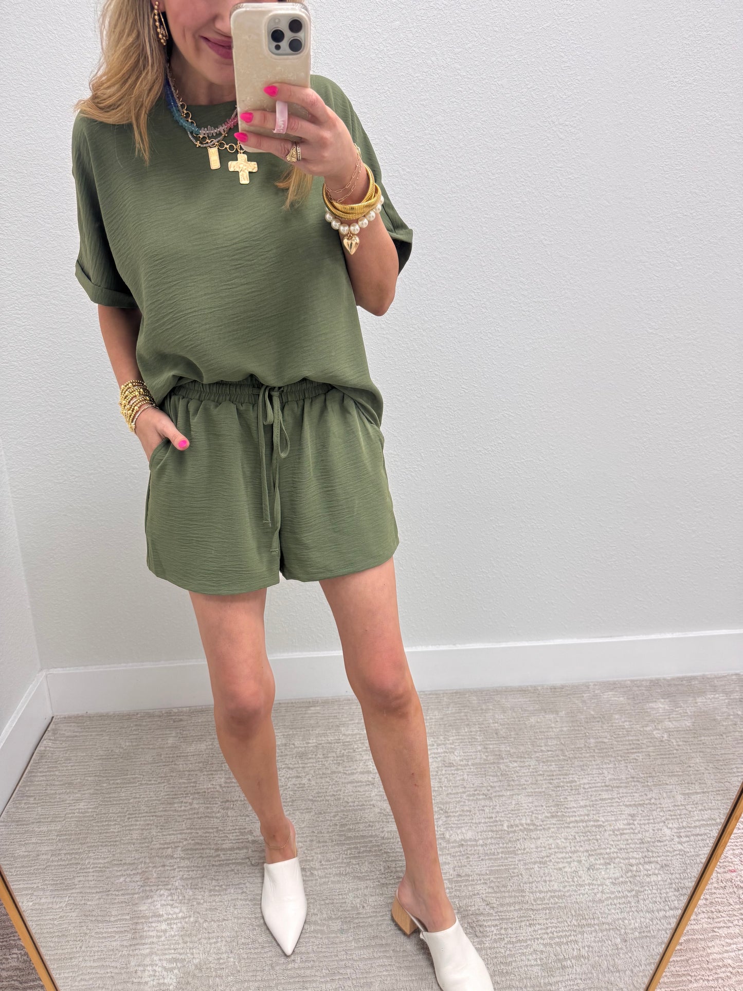 Olive Two Piece Poly Short Set