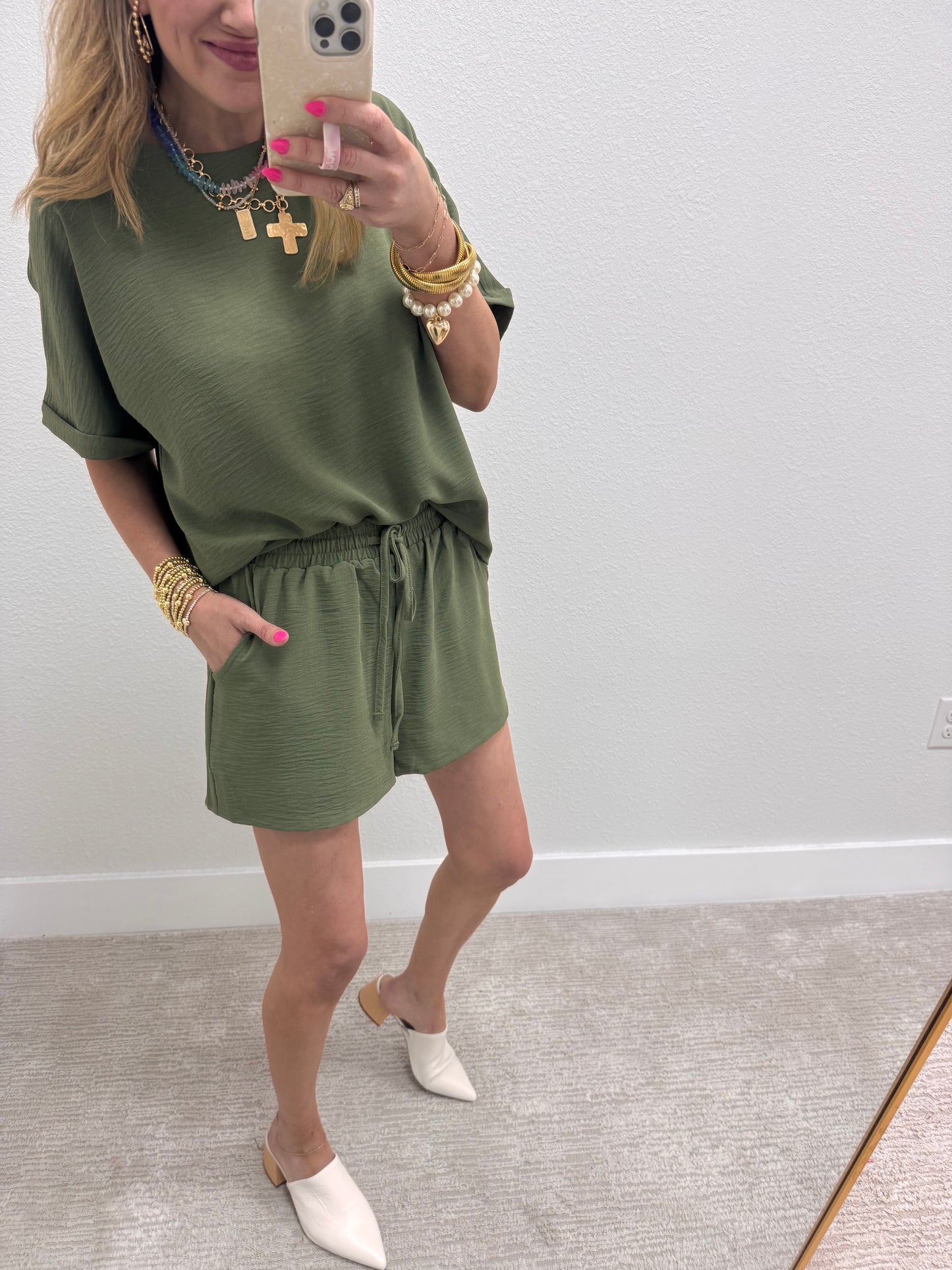 Olive Two Piece Poly Short Set