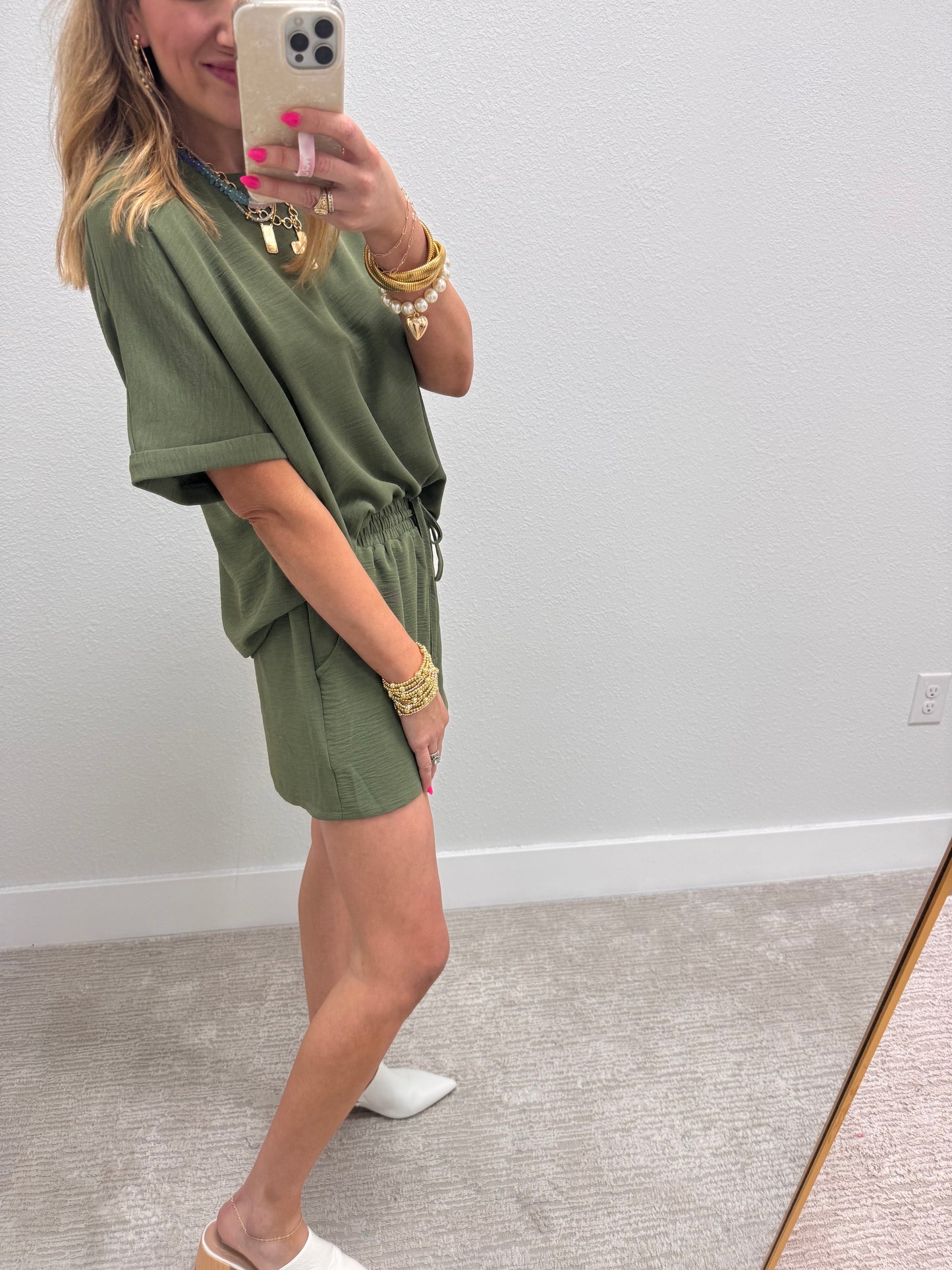 Olive Two Piece Poly Short Set