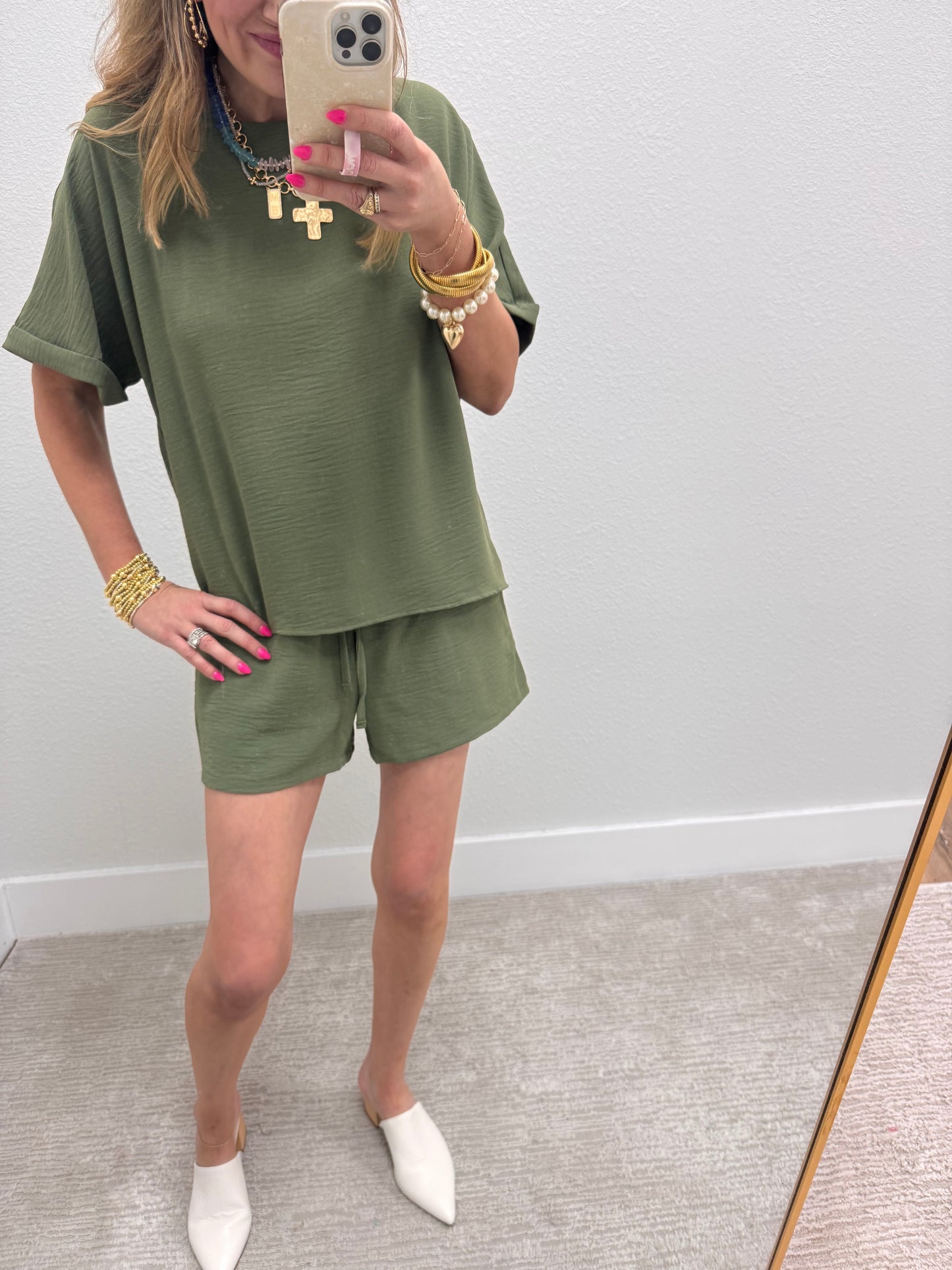 Olive Two Piece Poly Short Set