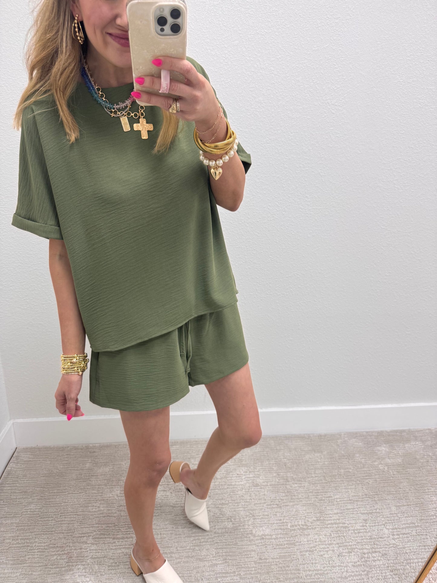 Olive Two Piece Poly Short Set