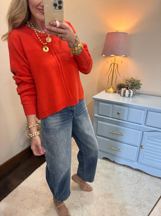 Bright Orange Front Seam Round Neck Sweater