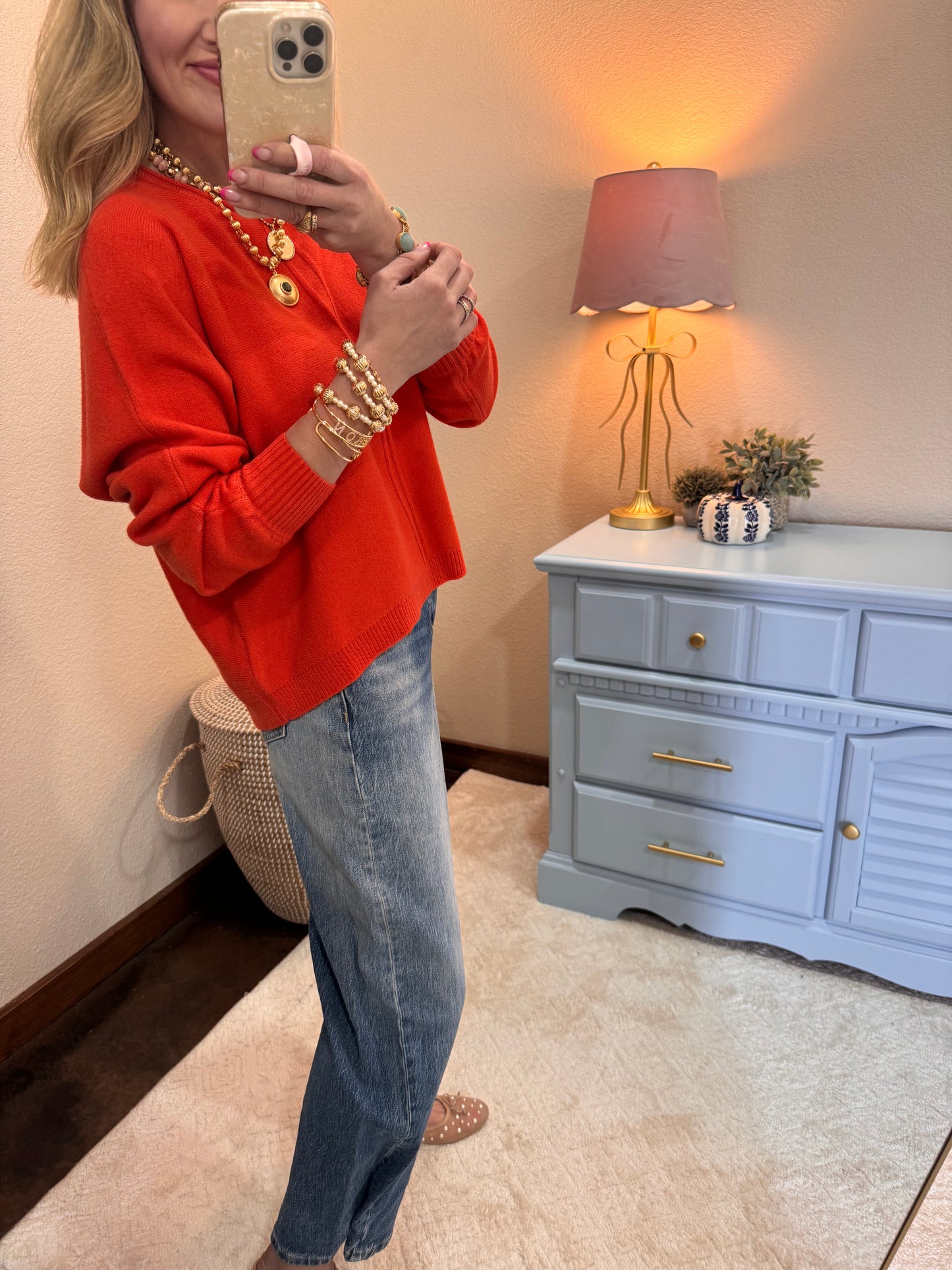 Bright Orange Front Seam Round Neck Sweater