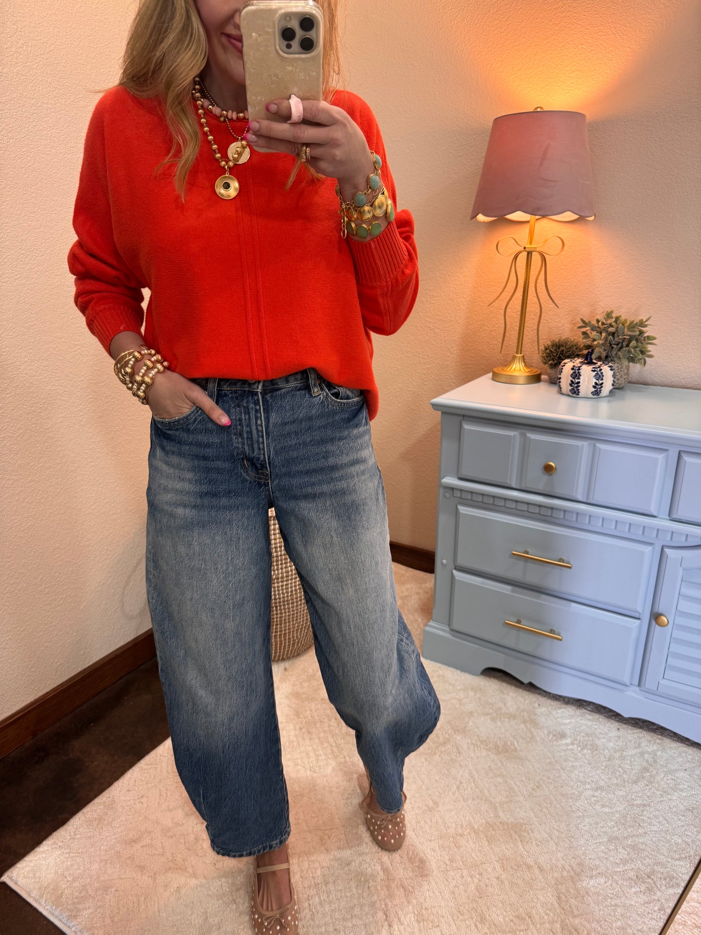 Bright Orange Front Seam Round Neck Sweater