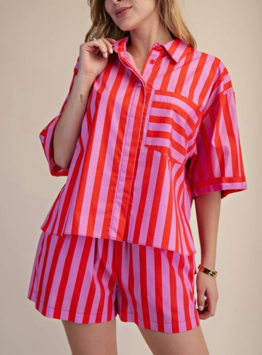 Pink & Red Stripe Collared Neck Short Set