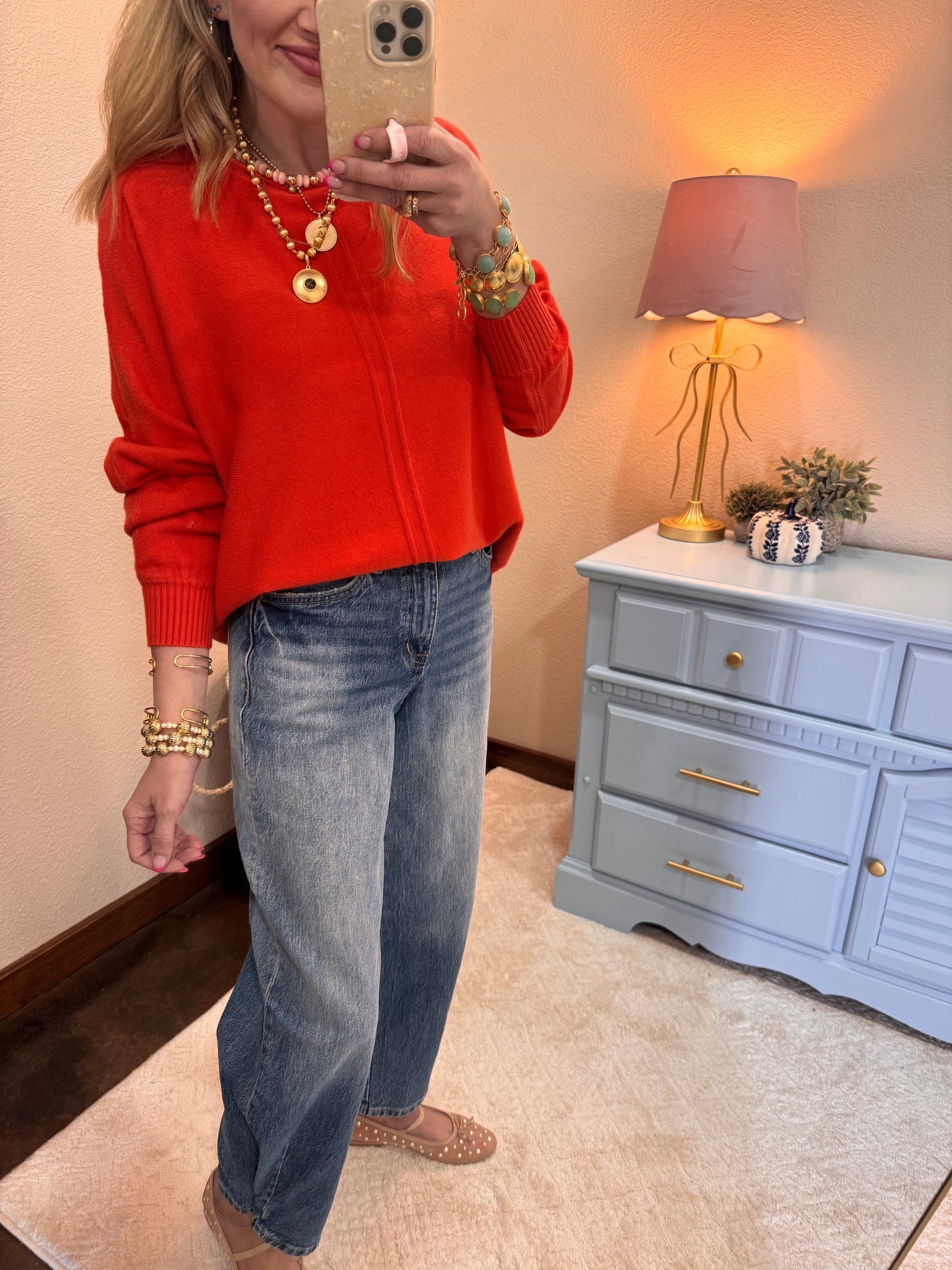 Bright Orange Front Seam Round Neck Sweater