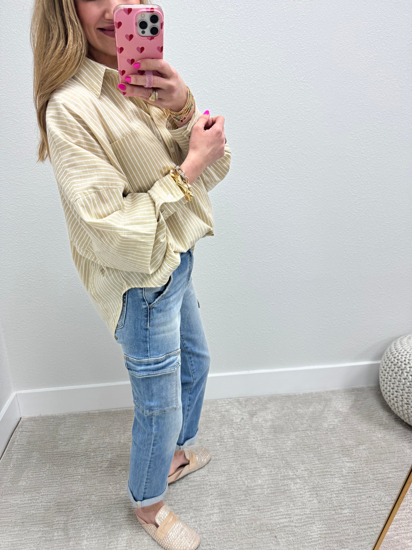 Taupe and White White Pin Stripe Long Sleeve