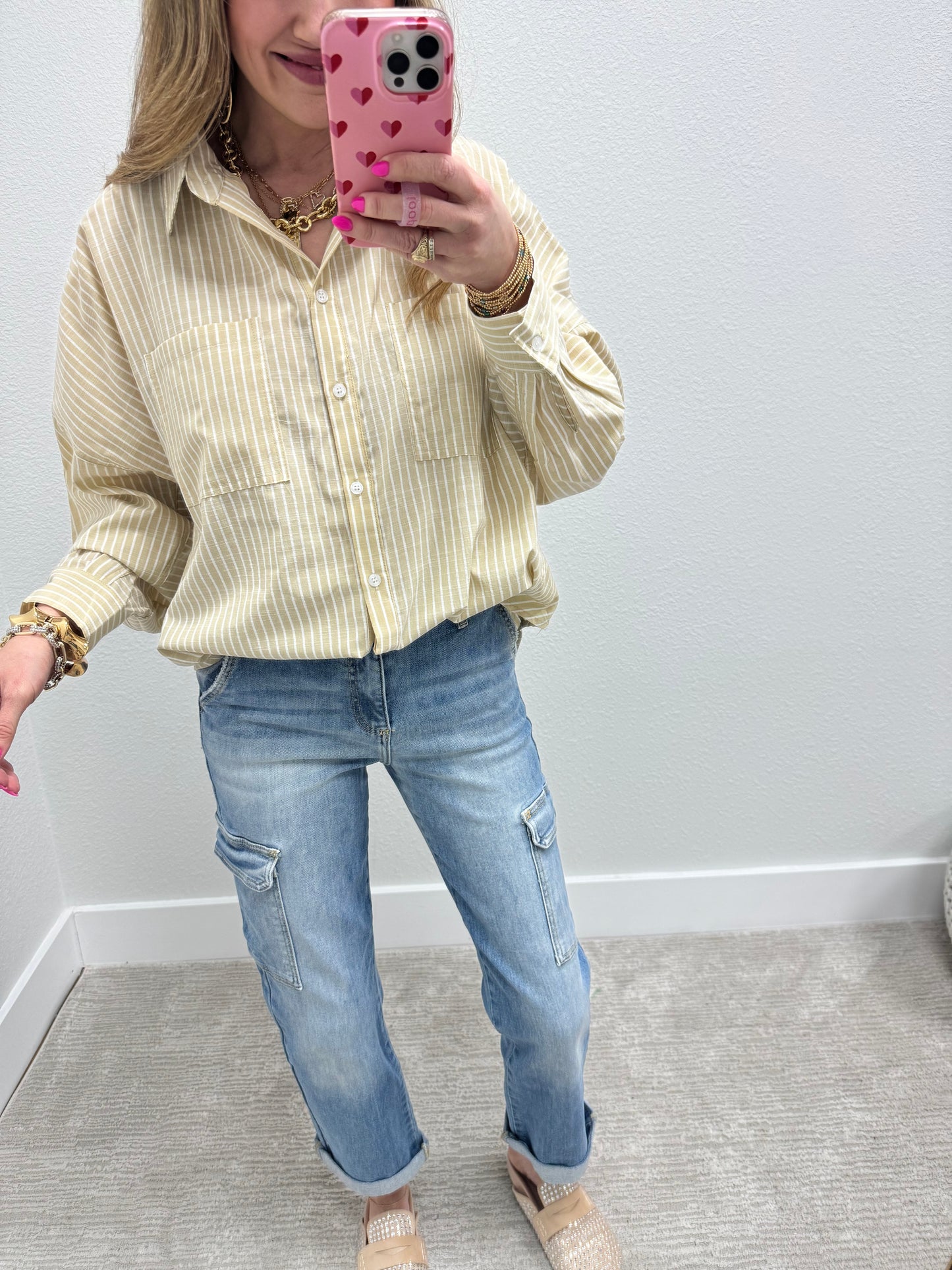 Taupe and White White Pin Stripe Long Sleeve
