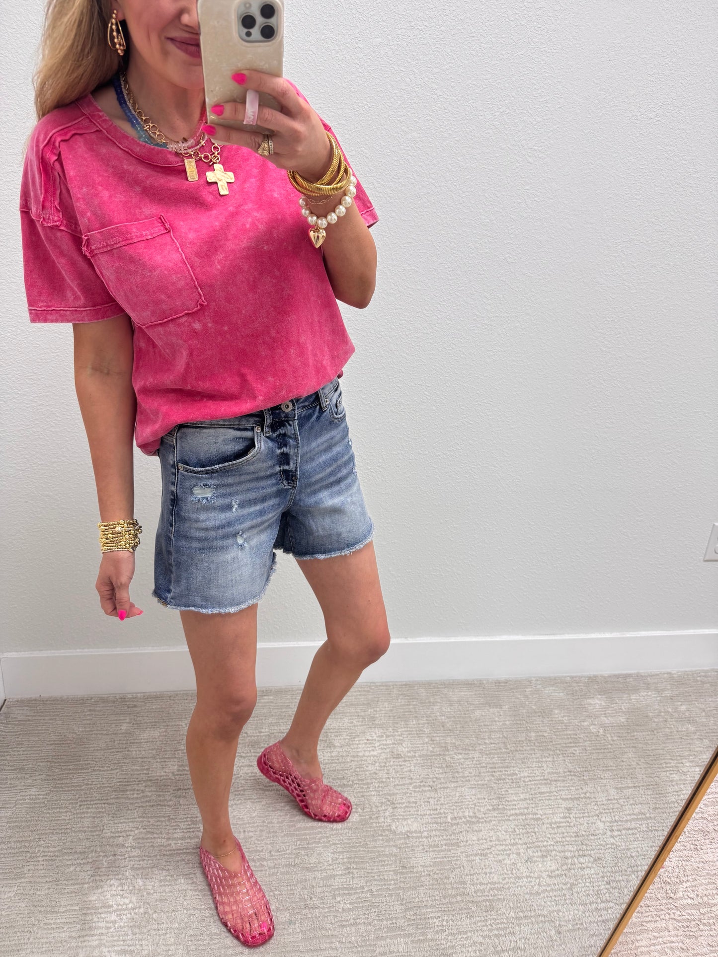 Mica Midday Raw Hem Mid Length Denim Shorts