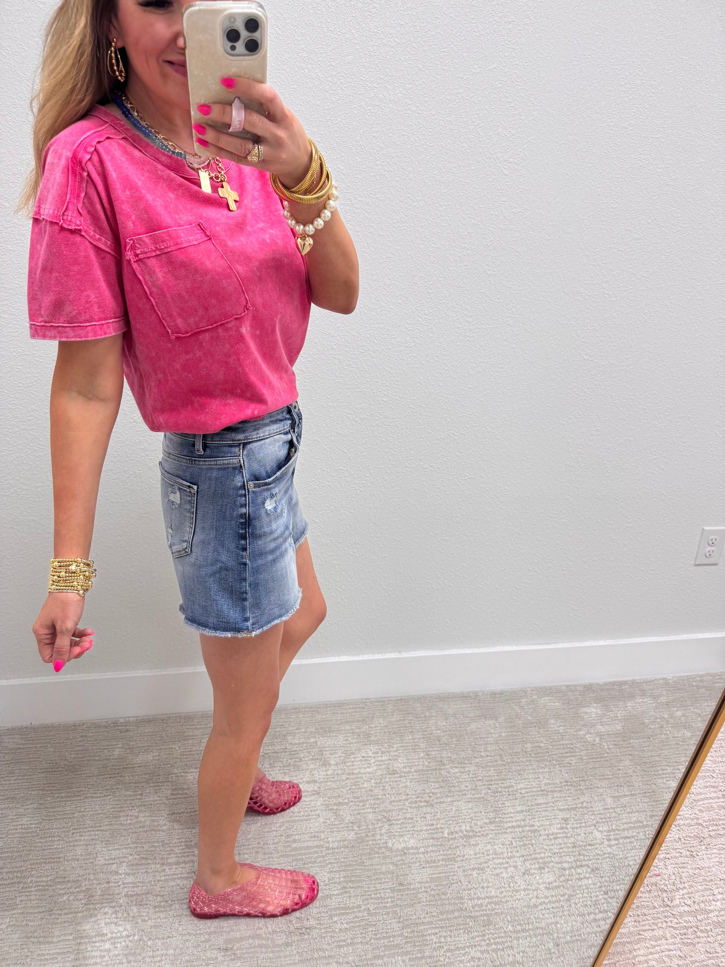 Mica Midday Raw Hem Mid Length Denim Shorts