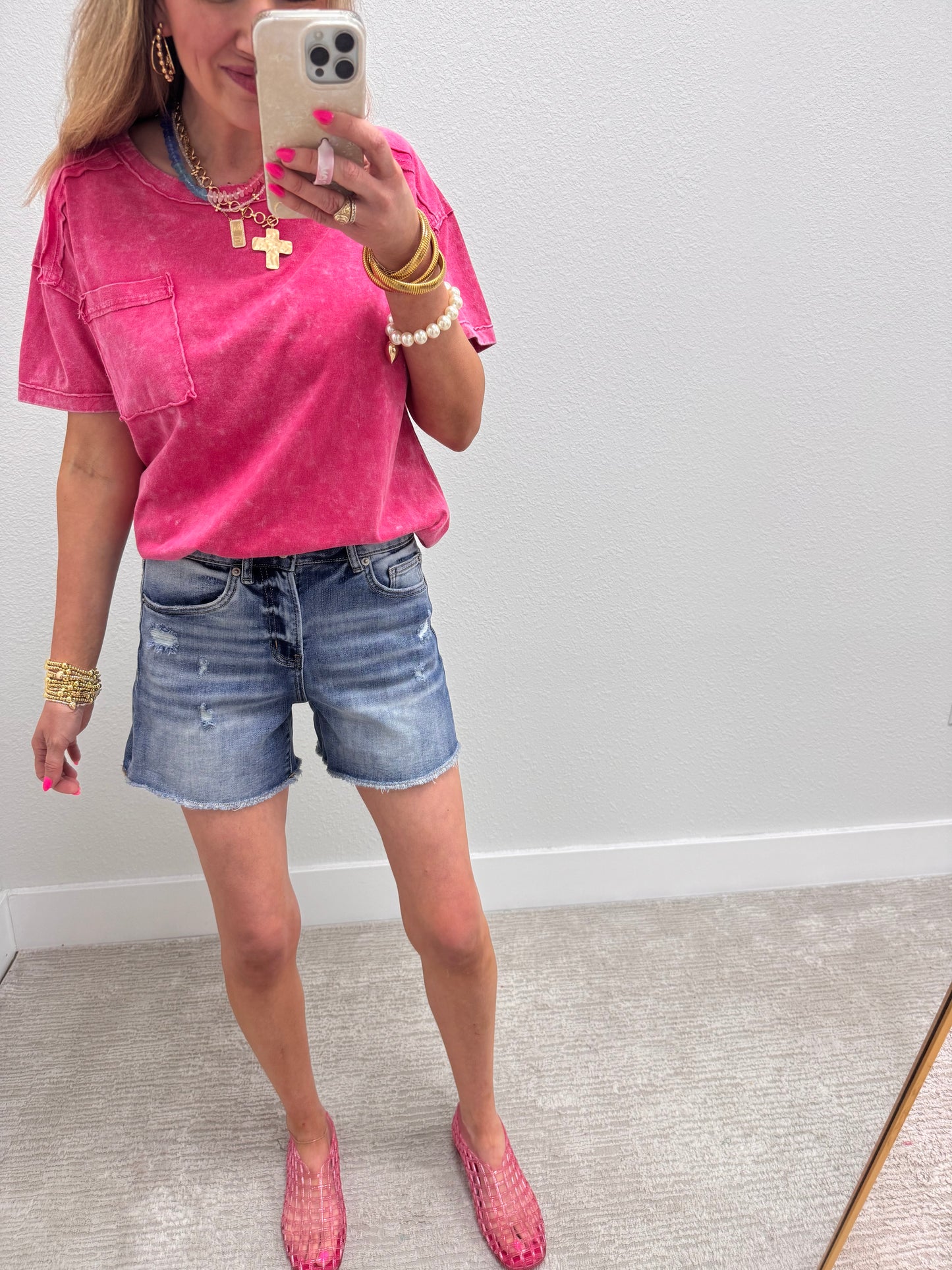 Mica Midday Raw Hem Mid Length Denim Shorts