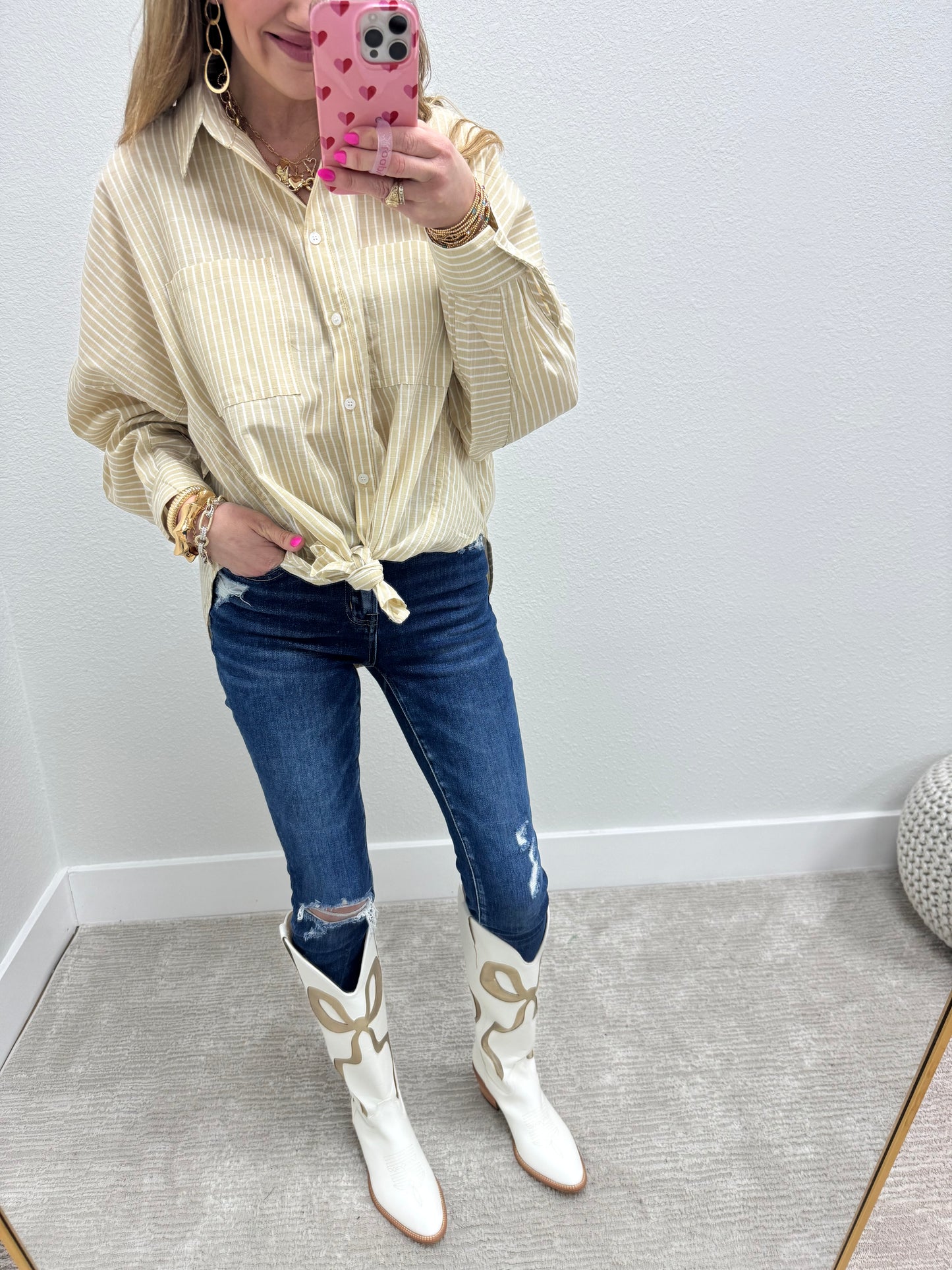 Taupe and White White Pin Stripe Long Sleeve