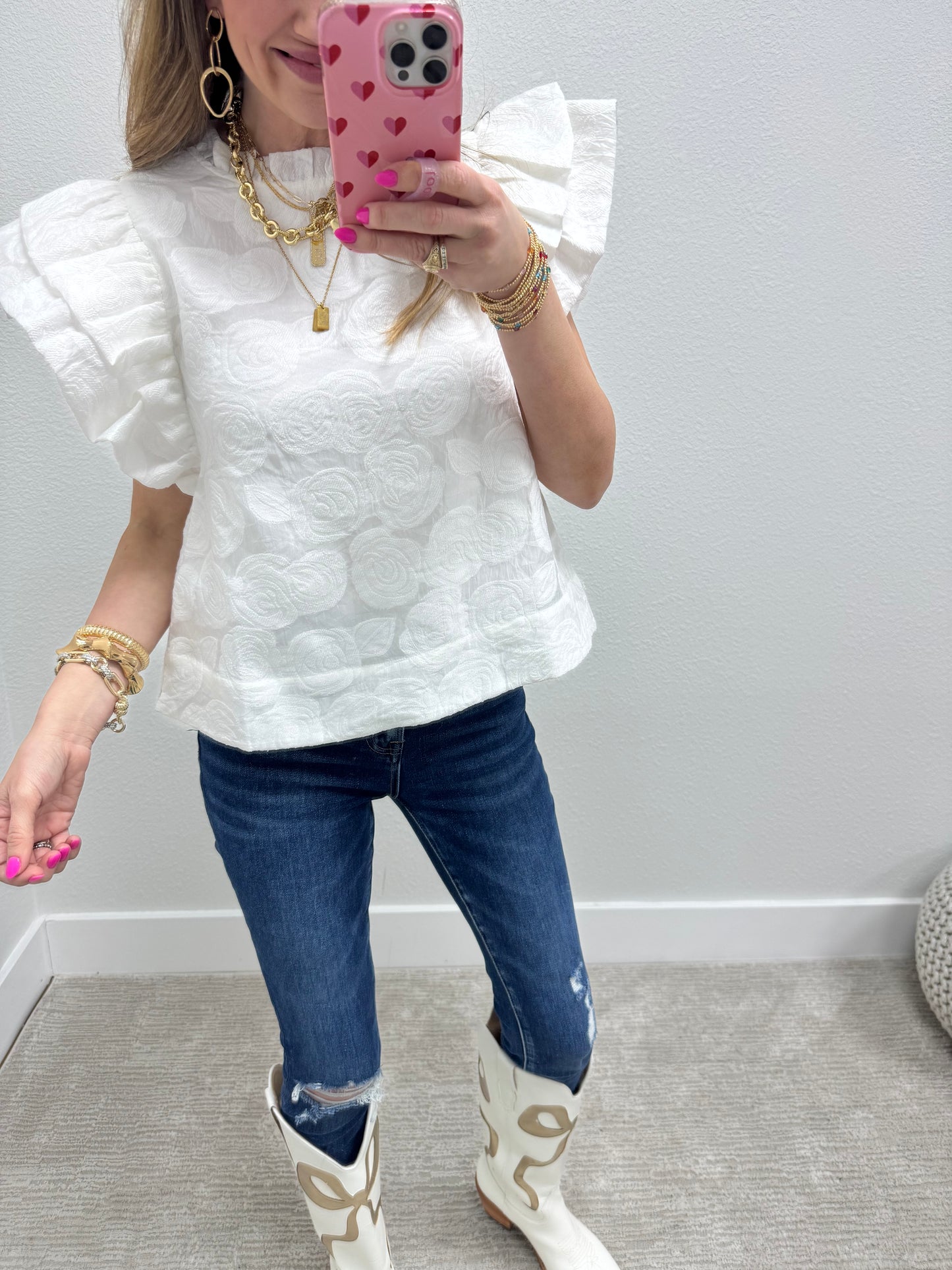 White Floral Embossed Flutter Sleeve Top