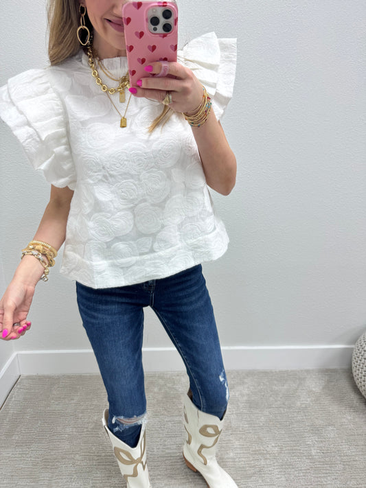 White Floral Embossed Flutter Sleeve Top