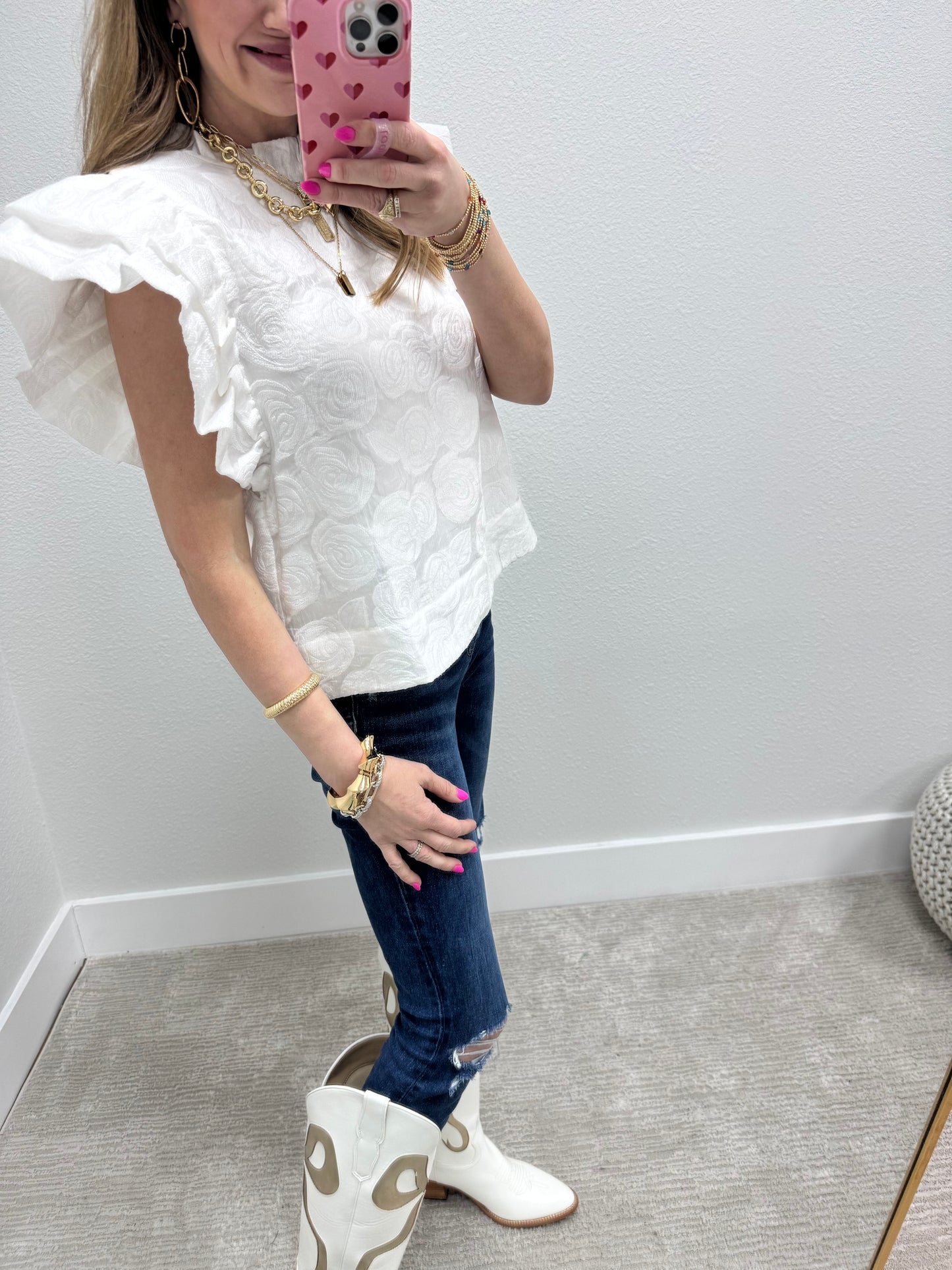 White Floral Embossed Flutter Sleeve Top