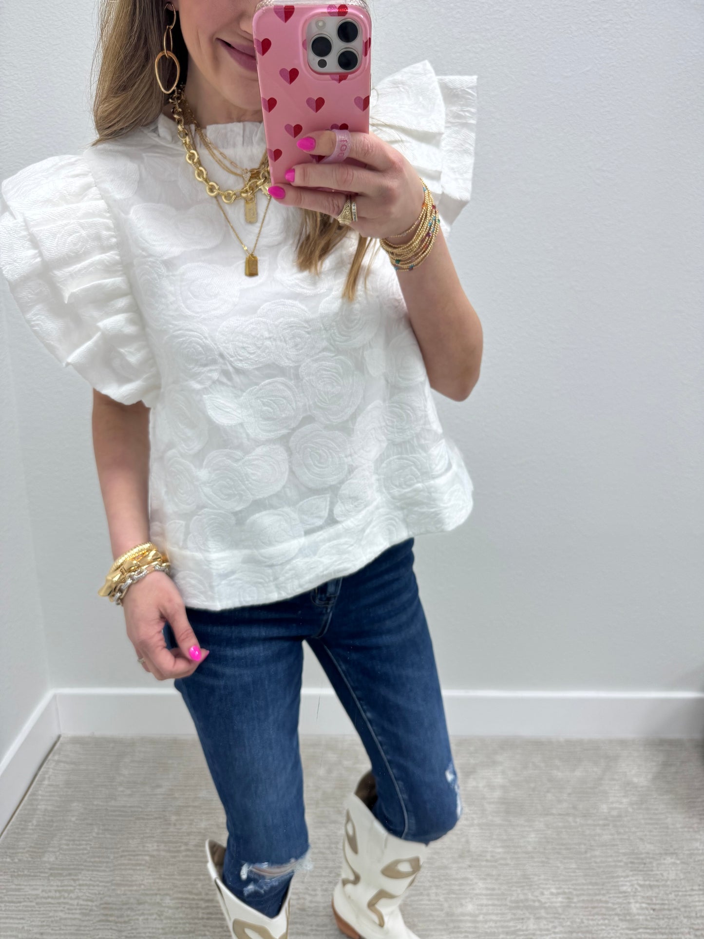 White Floral Embossed Flutter Sleeve Top