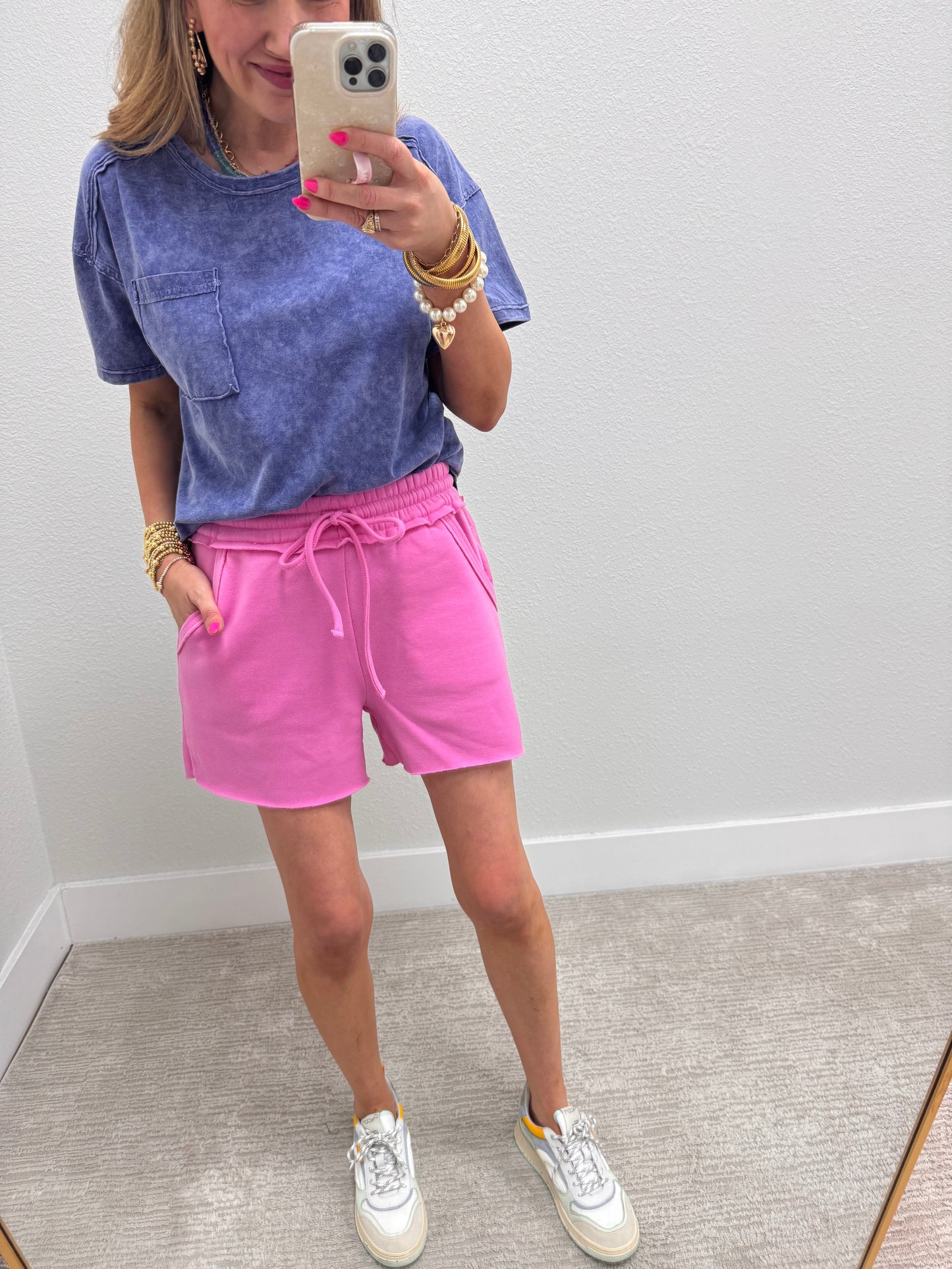 Pink Fleece Raw Hem Sweat-Pant Shorts