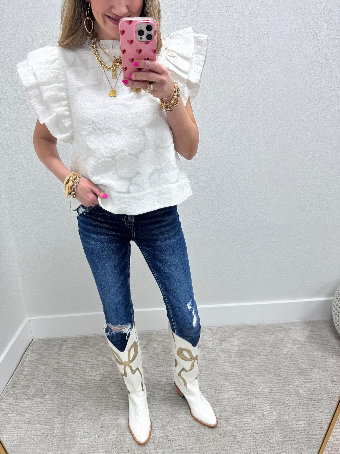 White Floral Embossed Flutter Sleeve Top