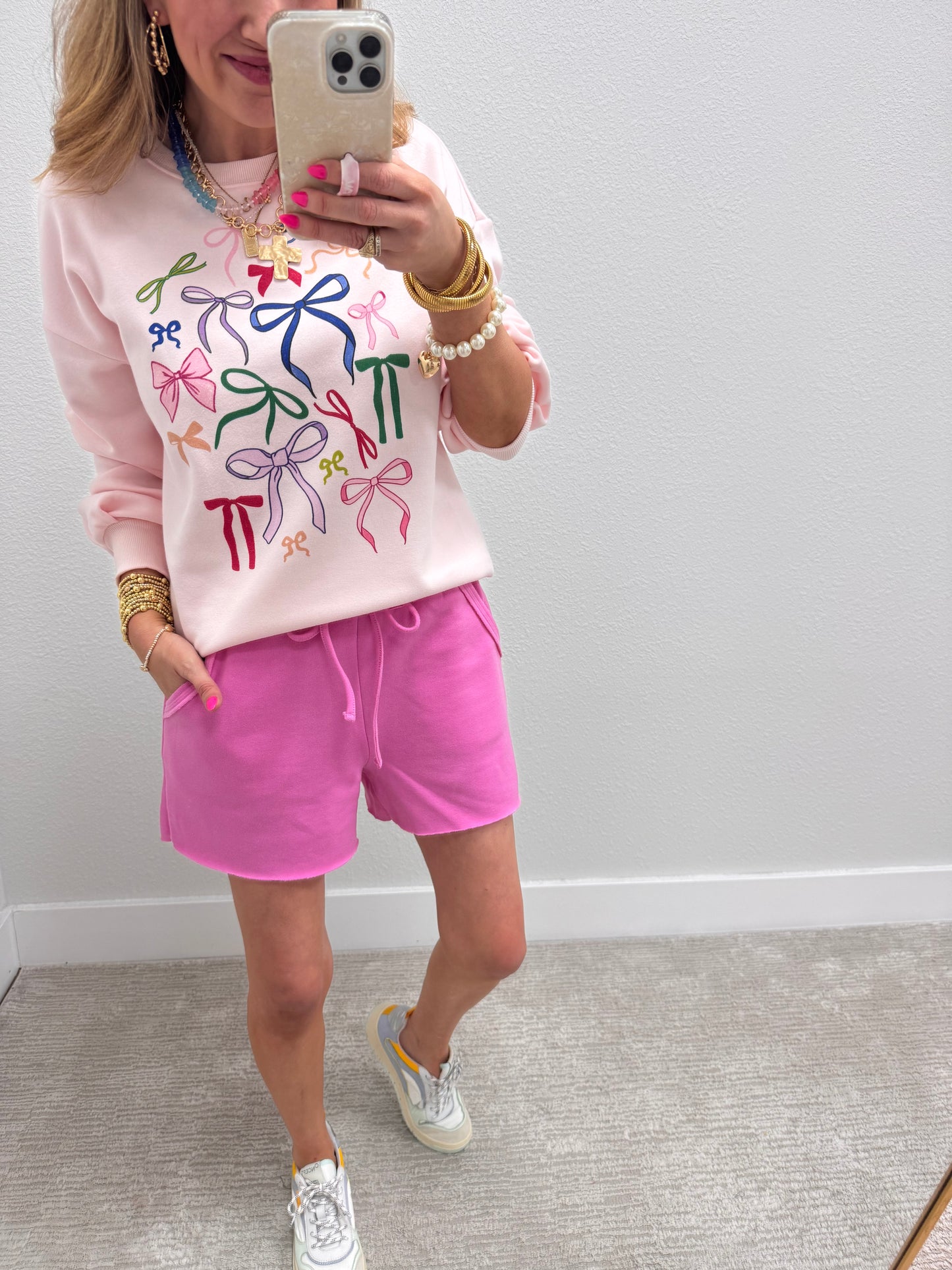 Pink Fleece Raw Hem Sweat-Pant Shorts