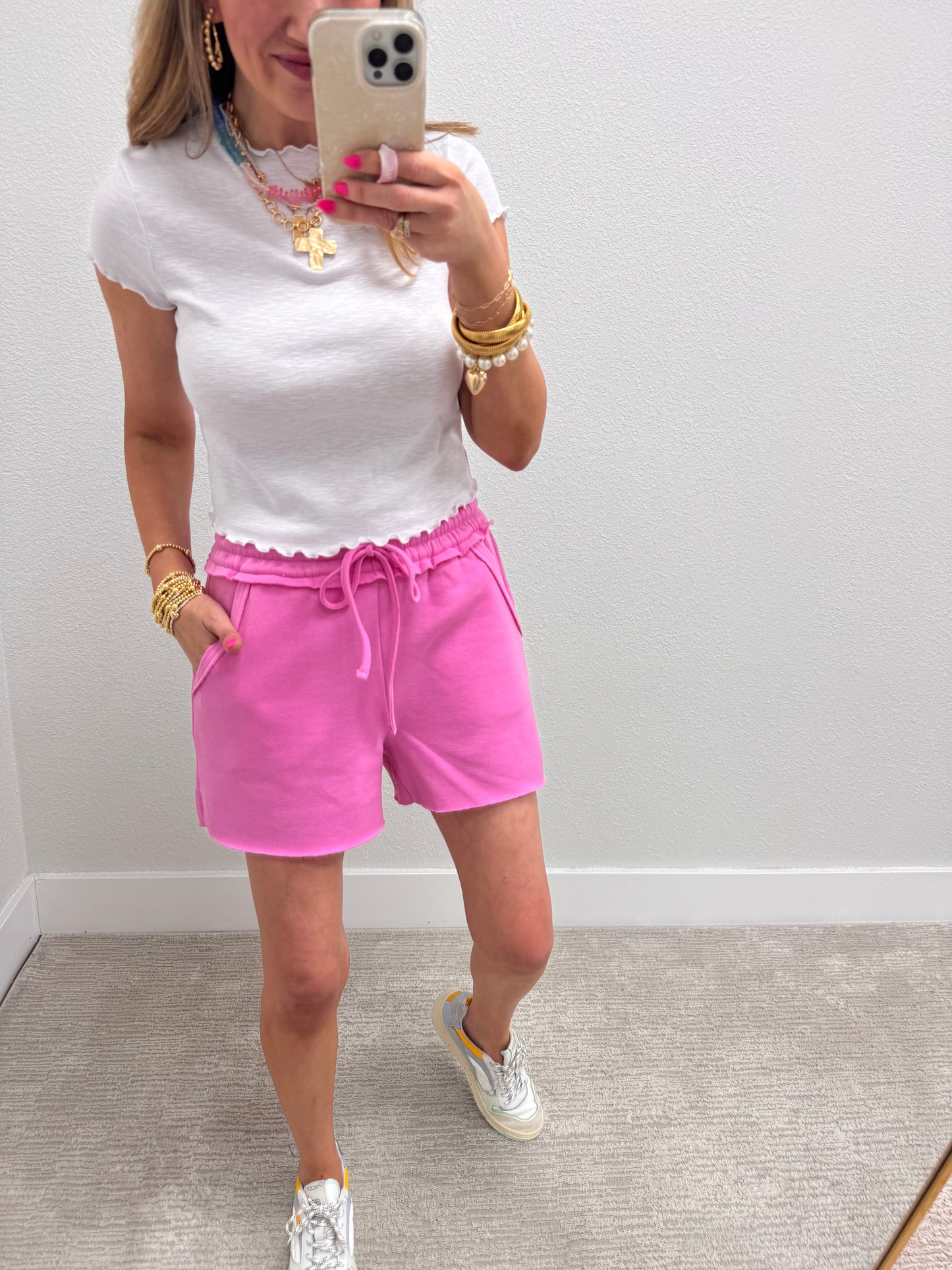Pink Fleece Raw Hem Sweat-Pant Shorts