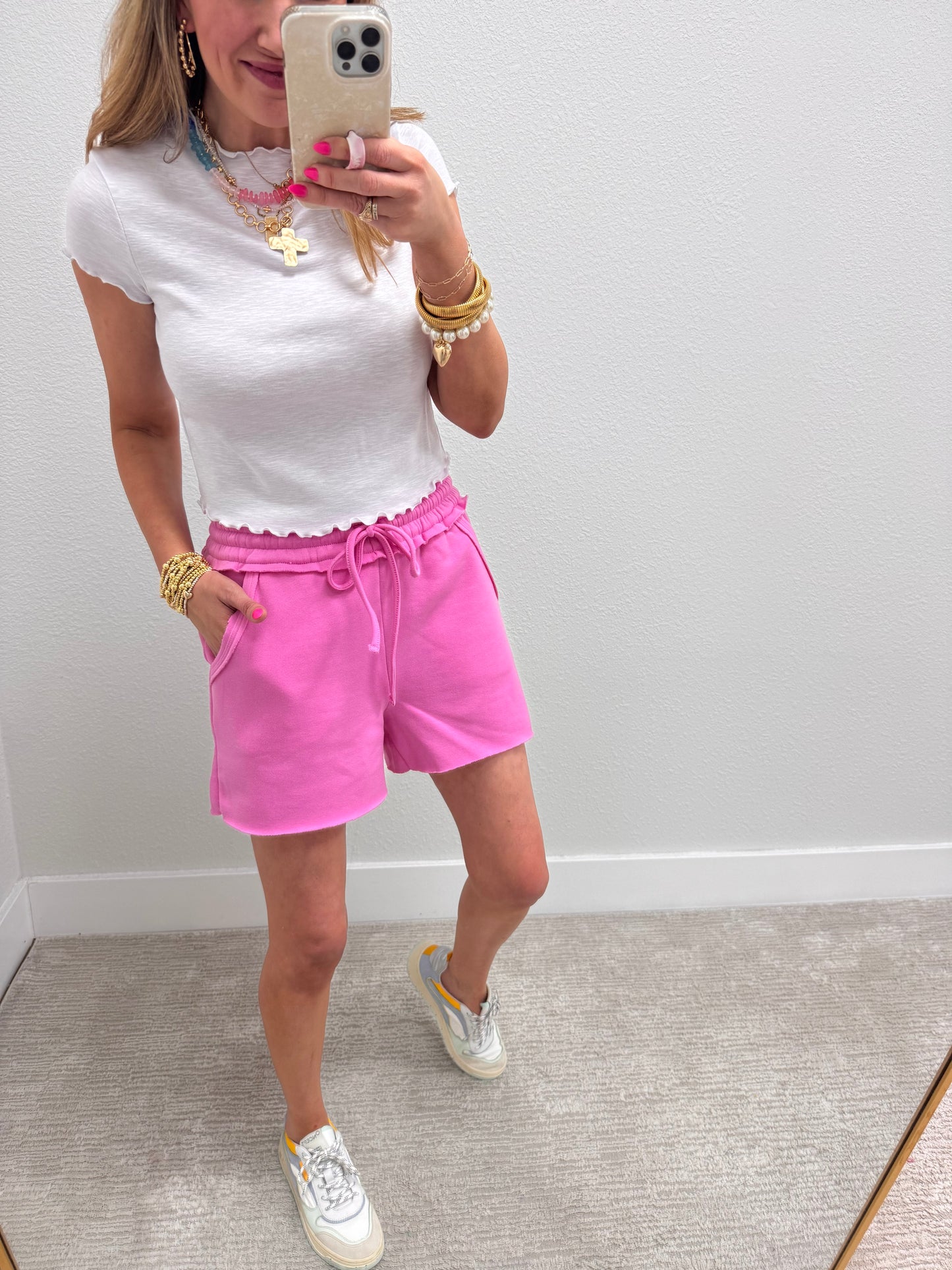 Pink Fleece Raw Hem Sweat-Pant Shorts