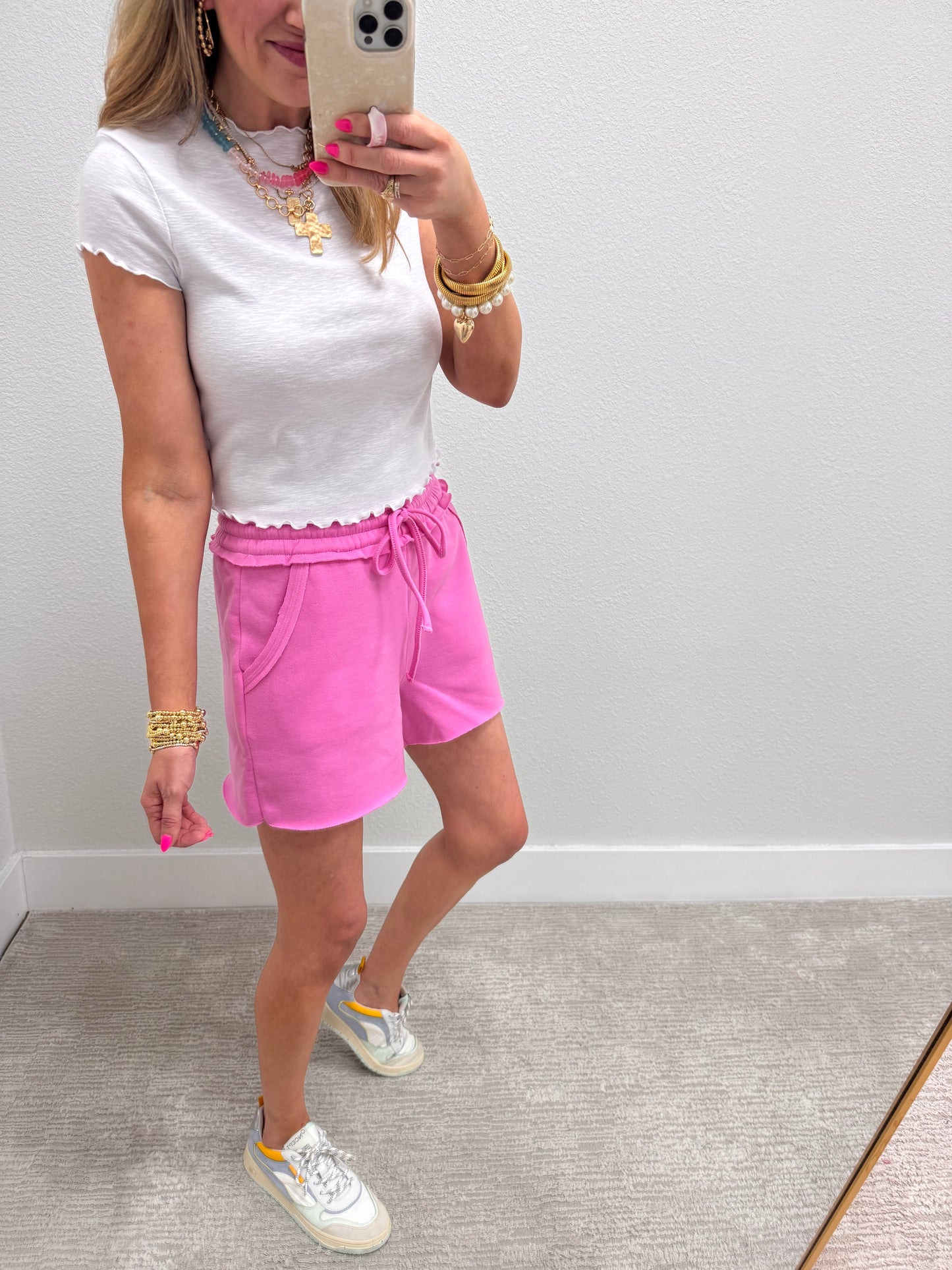 Pink Fleece Raw Hem Sweat-Pant Shorts