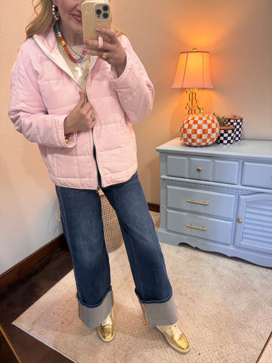 Light Oink Stripe Oxford Light Weight Quilted Jacket