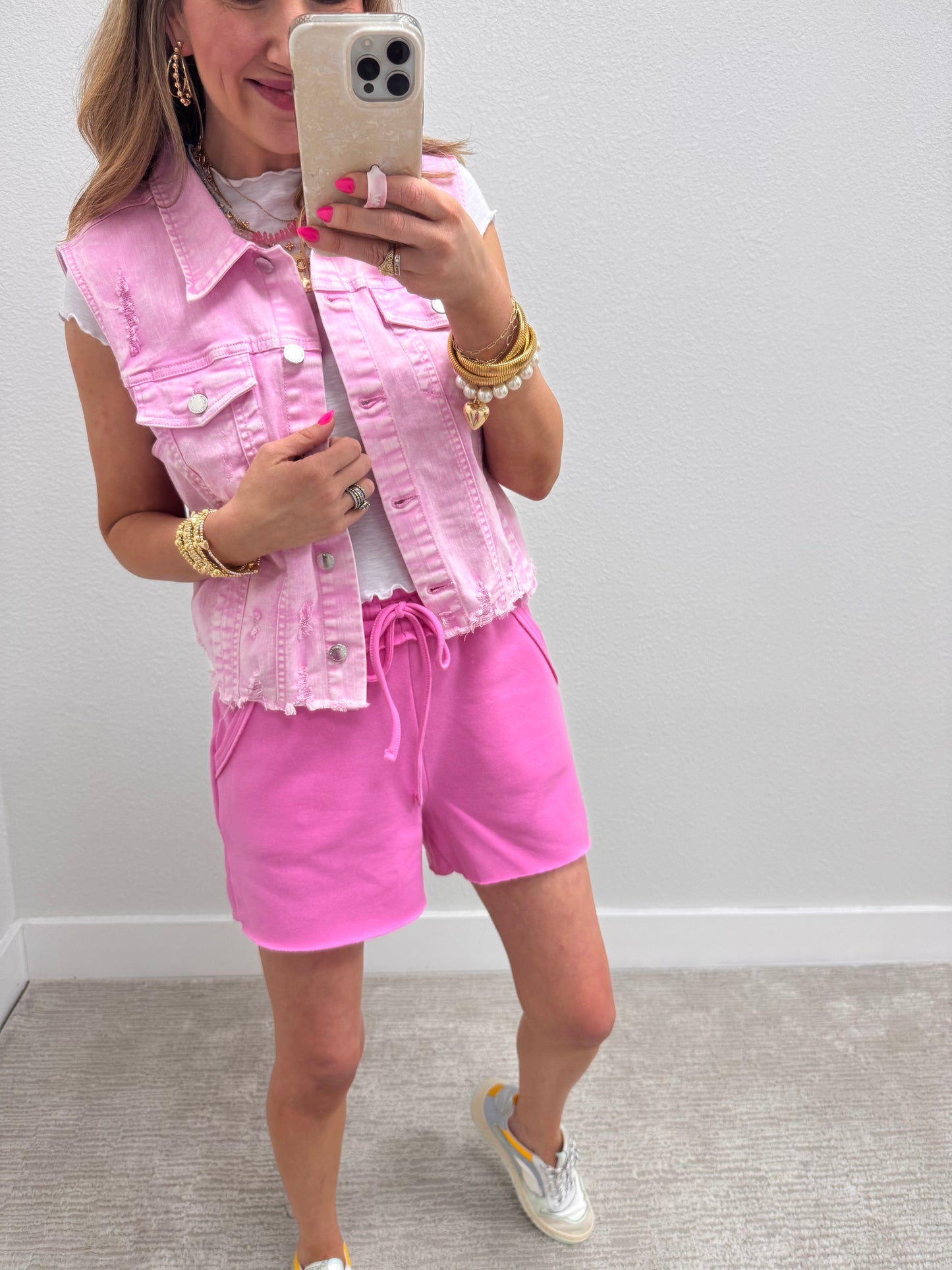 Pink Fleece Raw Hem Sweat-Pant Shorts