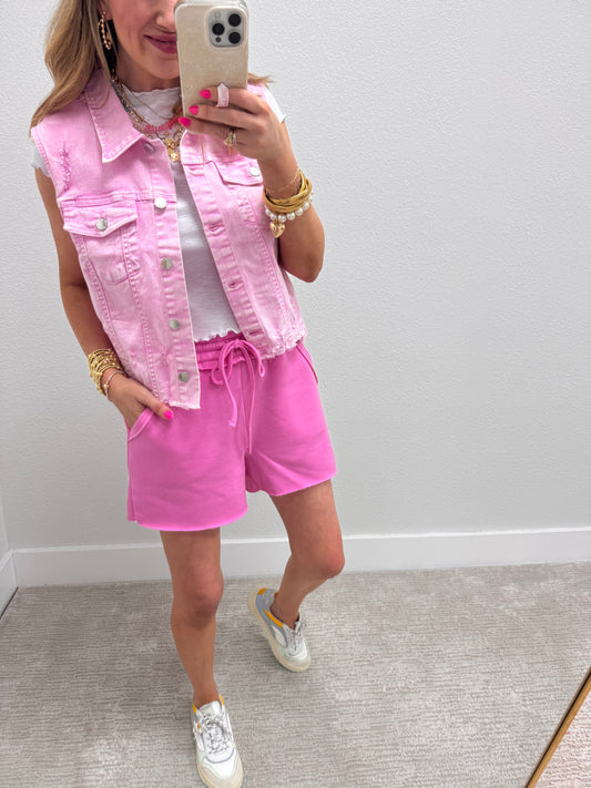 Pink Fleece Raw Hem Sweat-Pant Shorts