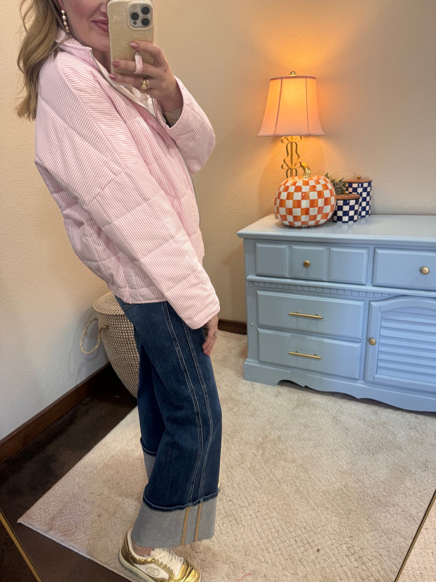 Light Oink Stripe Oxford Light Weight Quilted Jacket