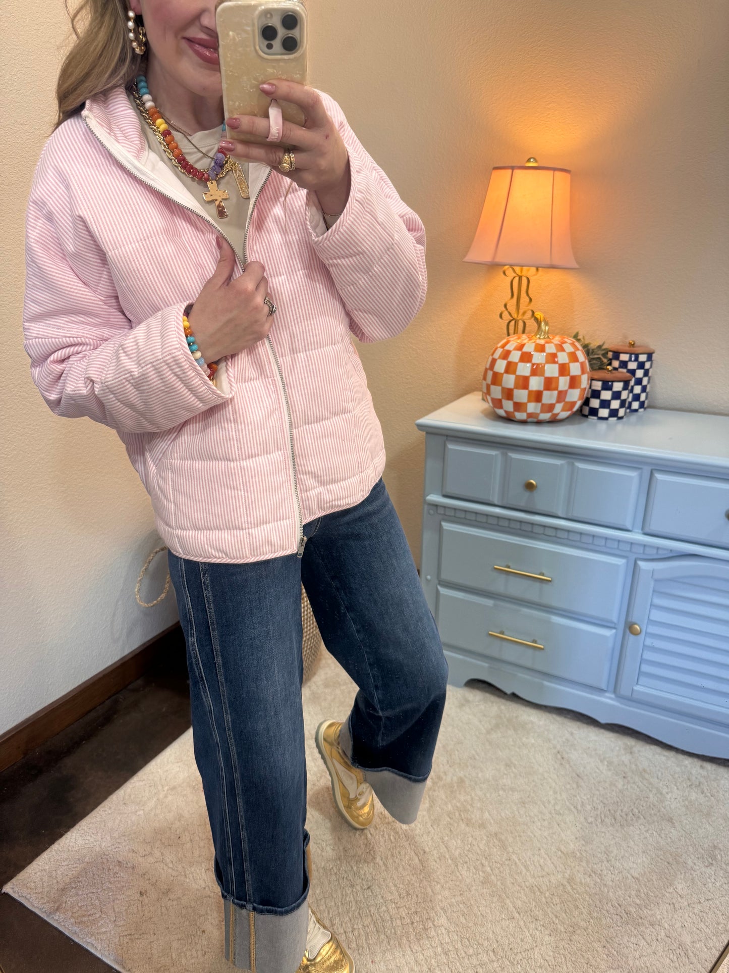 Light Oink Stripe Oxford Light Weight Quilted Jacket