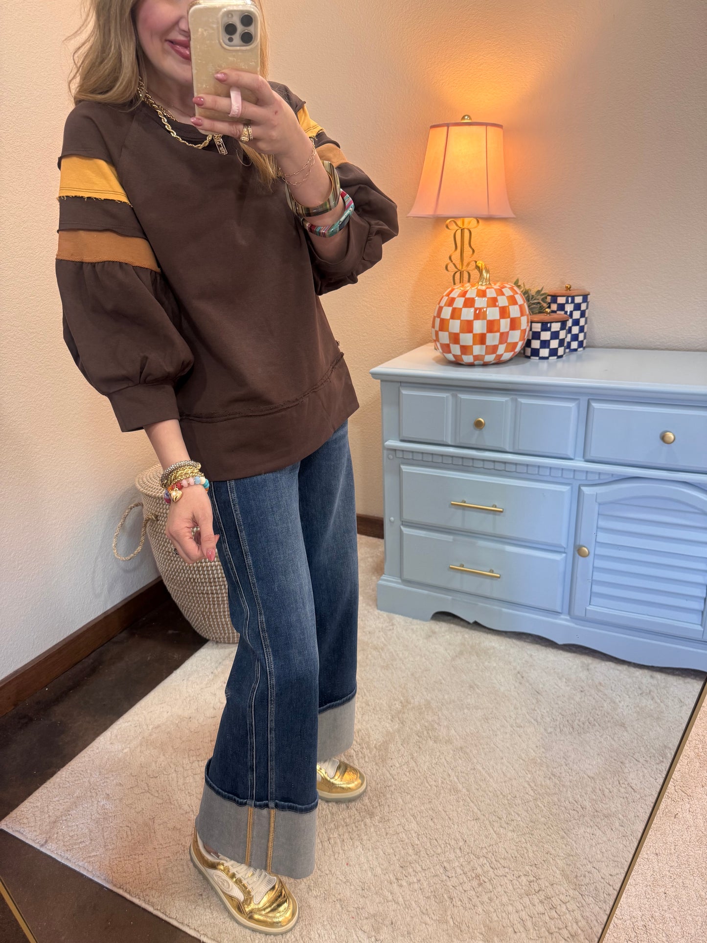 Brown Color-block Raglan Sleeve Solid Top