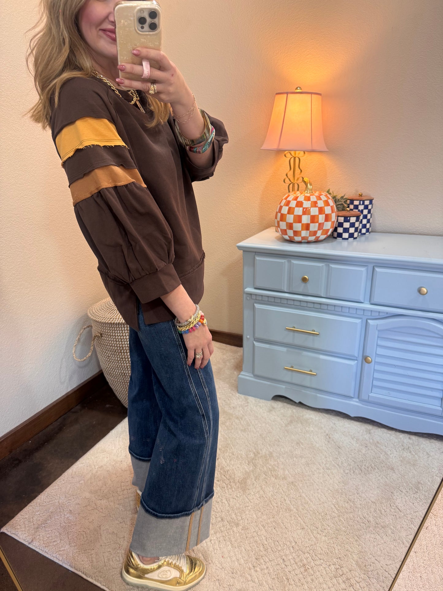 Brown Color-block Raglan Sleeve Solid Top