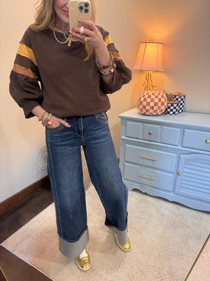 Brown Color-block Raglan Sleeve Solid Top