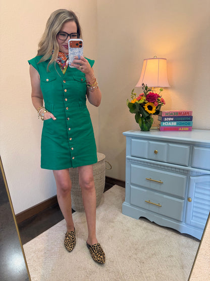 Kelly Green Denim Gold Button Up Dress