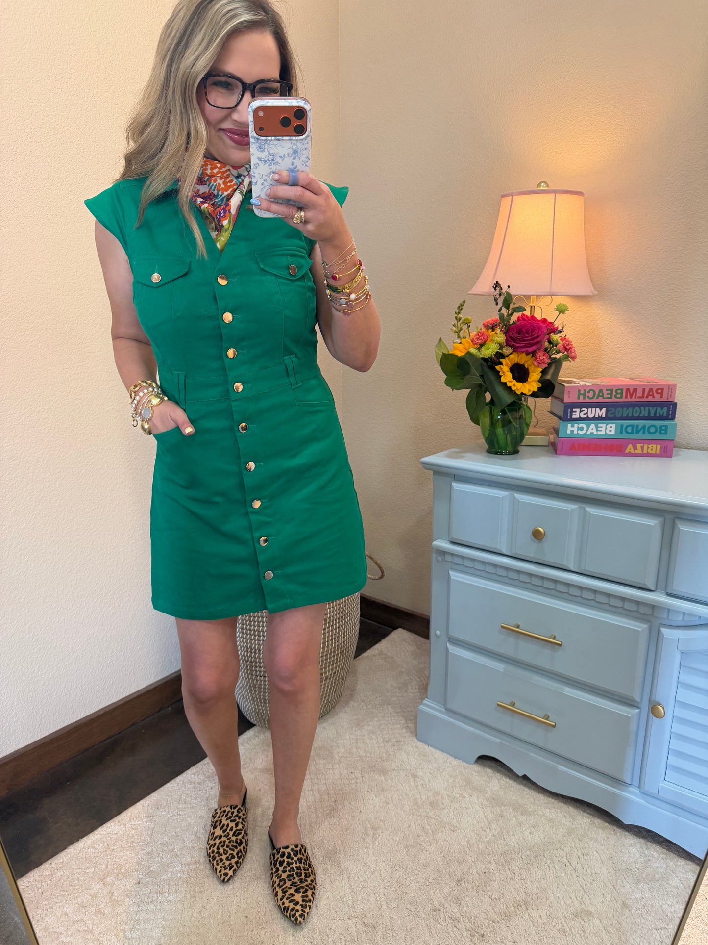 Kelly Green Denim Gold Button Up Dress